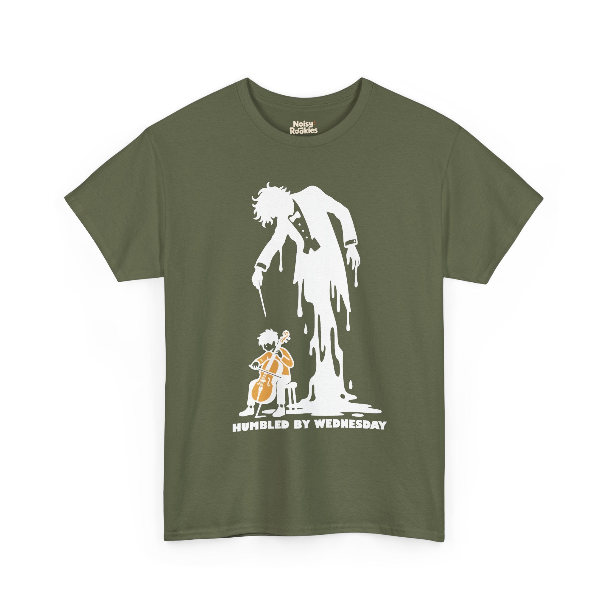 Illustration of a small beginner seated on a stool playing a cello, while a huge tuxedoed maestro silhouette with wild hair and a drooping baton melts and pours down into a puddle behind them, above the words HUMBLED BY WEDNESDAY, printed in white ink.