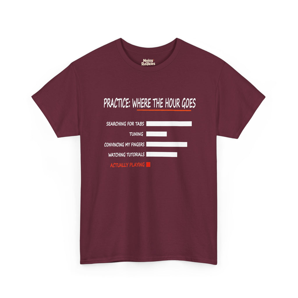 Minimalist bar chart printed in white outline on a dark t-shirt, headed PRACTICE: WHERE THE HOUR GOES in a hand-drawn condensed capital font with an orange brush underline. Five labelled rows read searching for tabs, tuning, convincing my fingers, watching tutorials, and actually playing, the first four as long hollow white bars and the last as a tiny solid red square with its label in red.