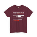 Minimalist bar chart printed in white outline on a dark t-shirt, headed PRACTICE: WHERE THE HOUR GOES in a hand-drawn condensed capital font with an orange brush underline. Five labelled rows read searching for tabs, tuning, convincing my fingers, watching tutorials, and actually playing, the first four as long hollow white bars and the last as a tiny solid red square with its label in red.