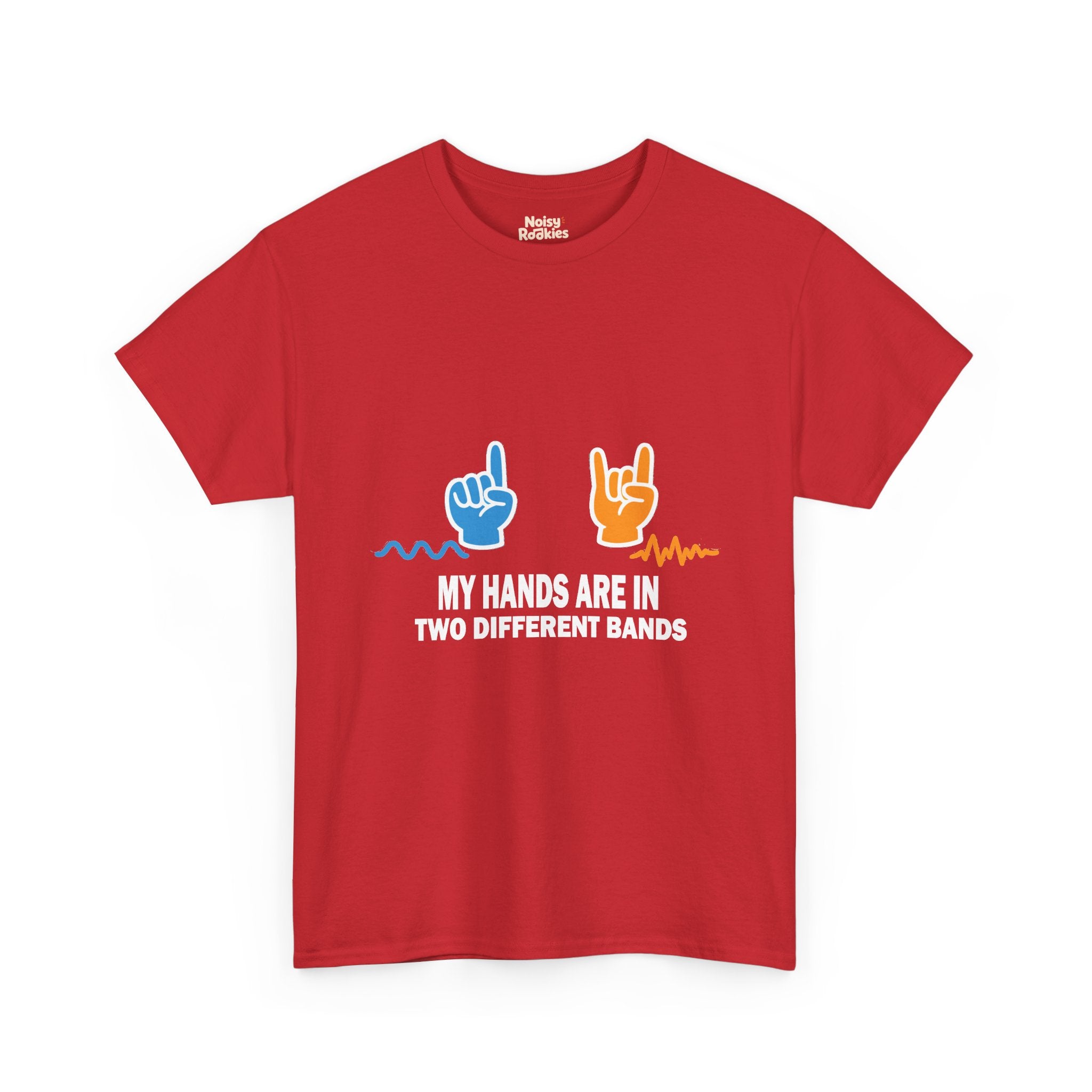 Light-ink t-shirt design of two hands making different gestures over two different sound waveforms, above the words My Hands Are in Two Different Bands.