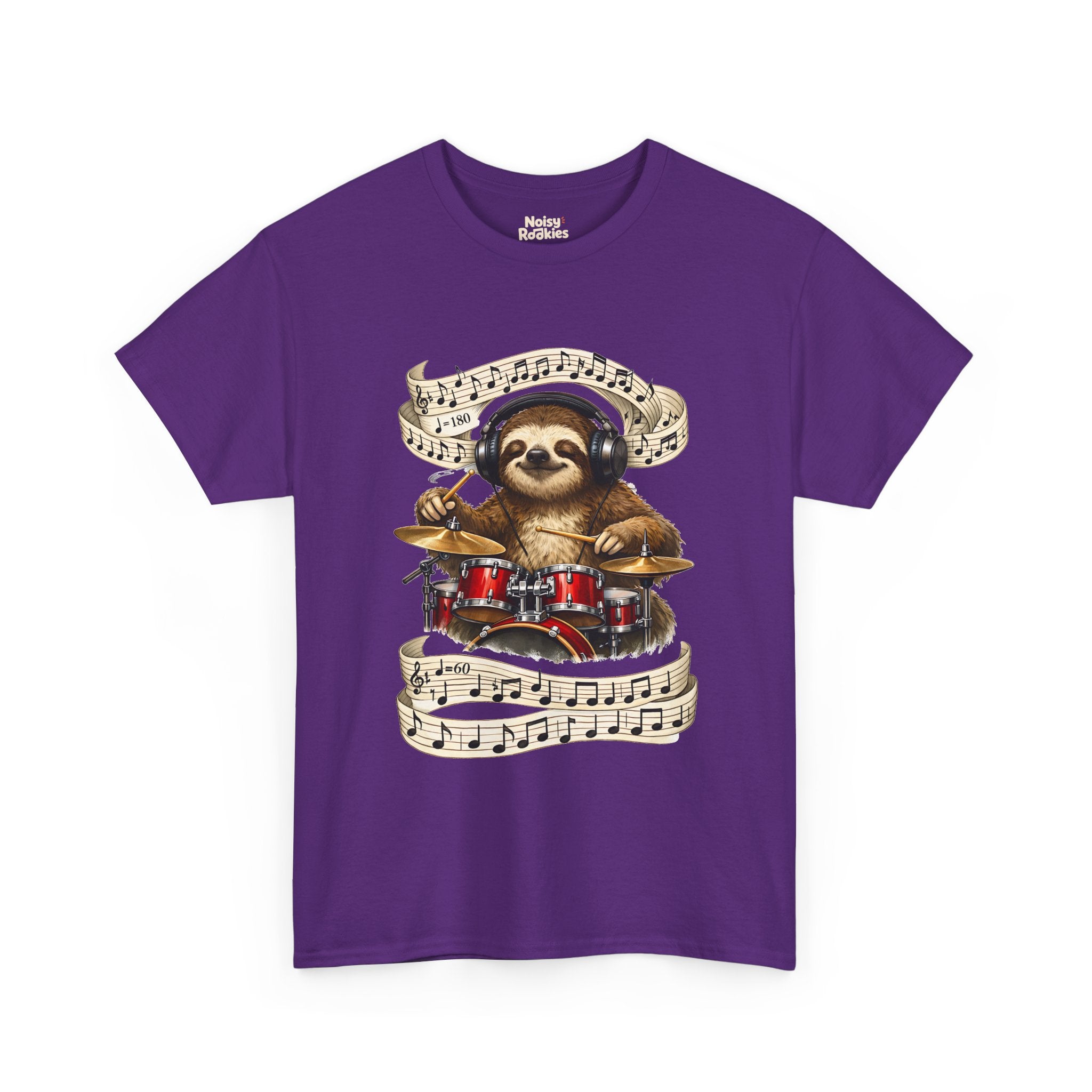 Illustration of a happy sloth wearing headphones, eyes closed and smiling, playing a bright red drum kit with drumsticks while ribbons of sheet music swirl around it, one marked 180 beats per minute and one marked 60.