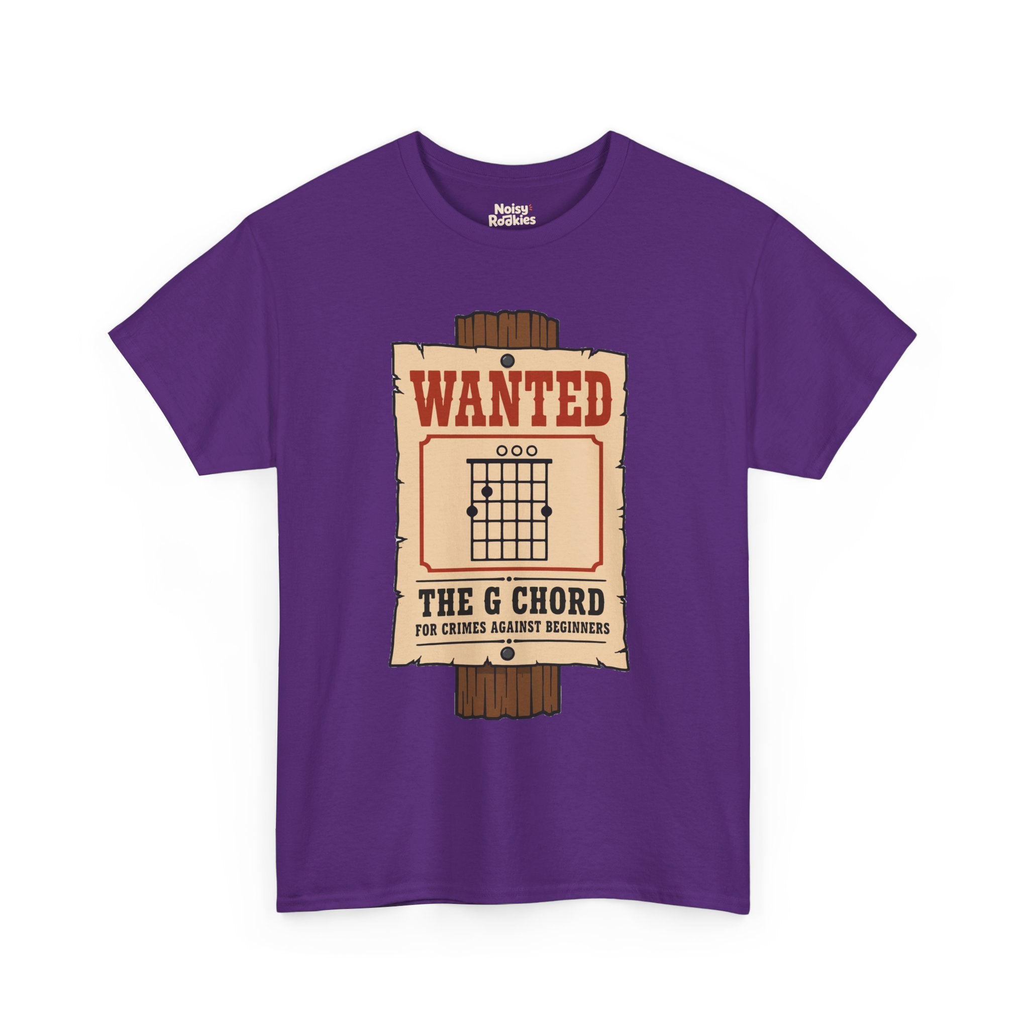 Vintage western wanted poster nailed to a wooden post, with a G major open guitar chord diagram as the mugshot and the words Wanted, The G Chord, For Crimes Against Beginners.