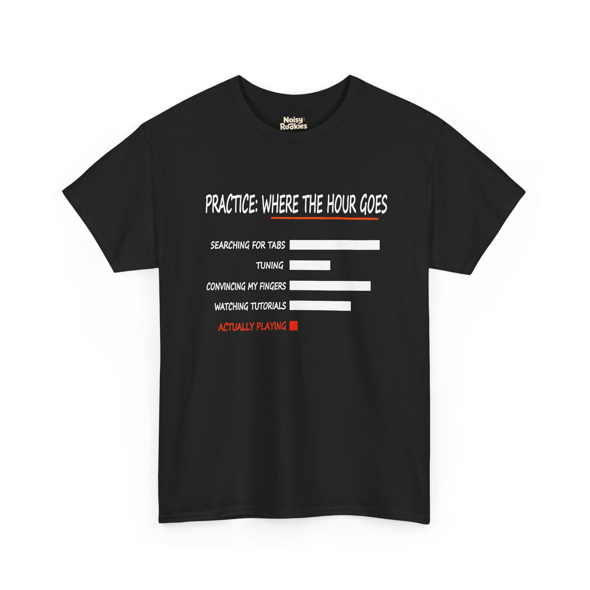 Minimalist bar chart printed in white outline on a dark t-shirt, headed PRACTICE: WHERE THE HOUR GOES in a hand-drawn condensed capital font with an orange brush underline. Five labelled rows read searching for tabs, tuning, convincing my fingers, watching tutorials, and actually playing, the first four as long hollow white bars and the last as a tiny solid red square with its label in red.