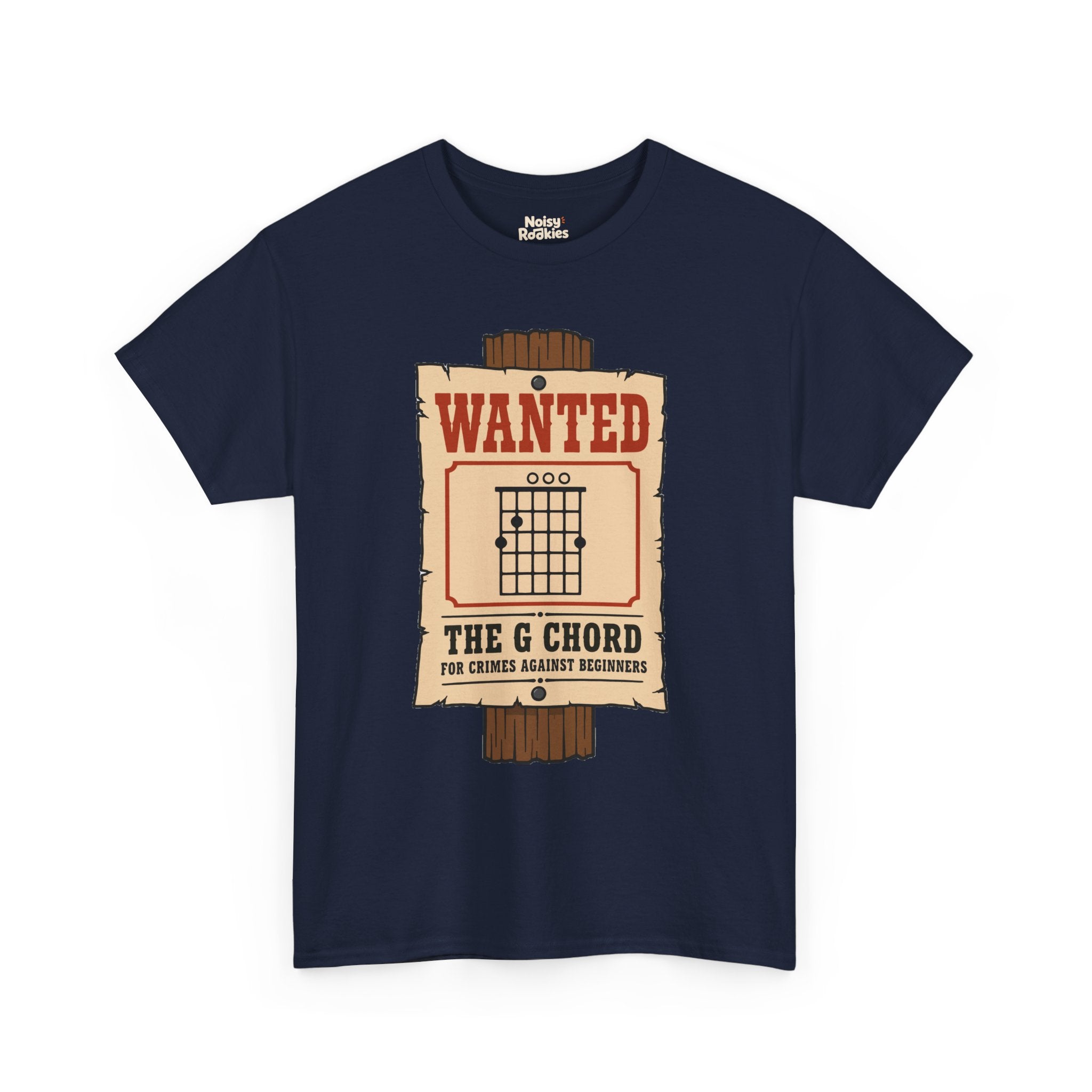 Vintage western wanted poster nailed to a wooden post, with a G major open guitar chord diagram as the mugshot and the words Wanted, The G Chord, For Crimes Against Beginners.