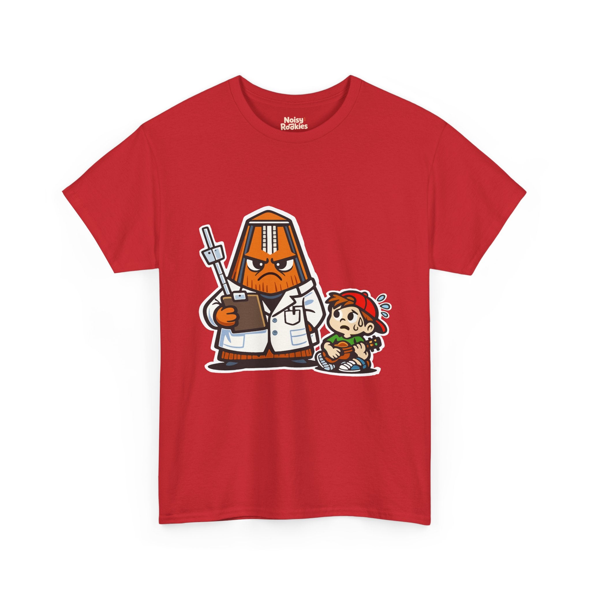 Dark-shirt design of a cartoon metronome dressed as a stern doctor in a white coat holding a clipboard, with a nervous, sweating beginner sitting beside it.