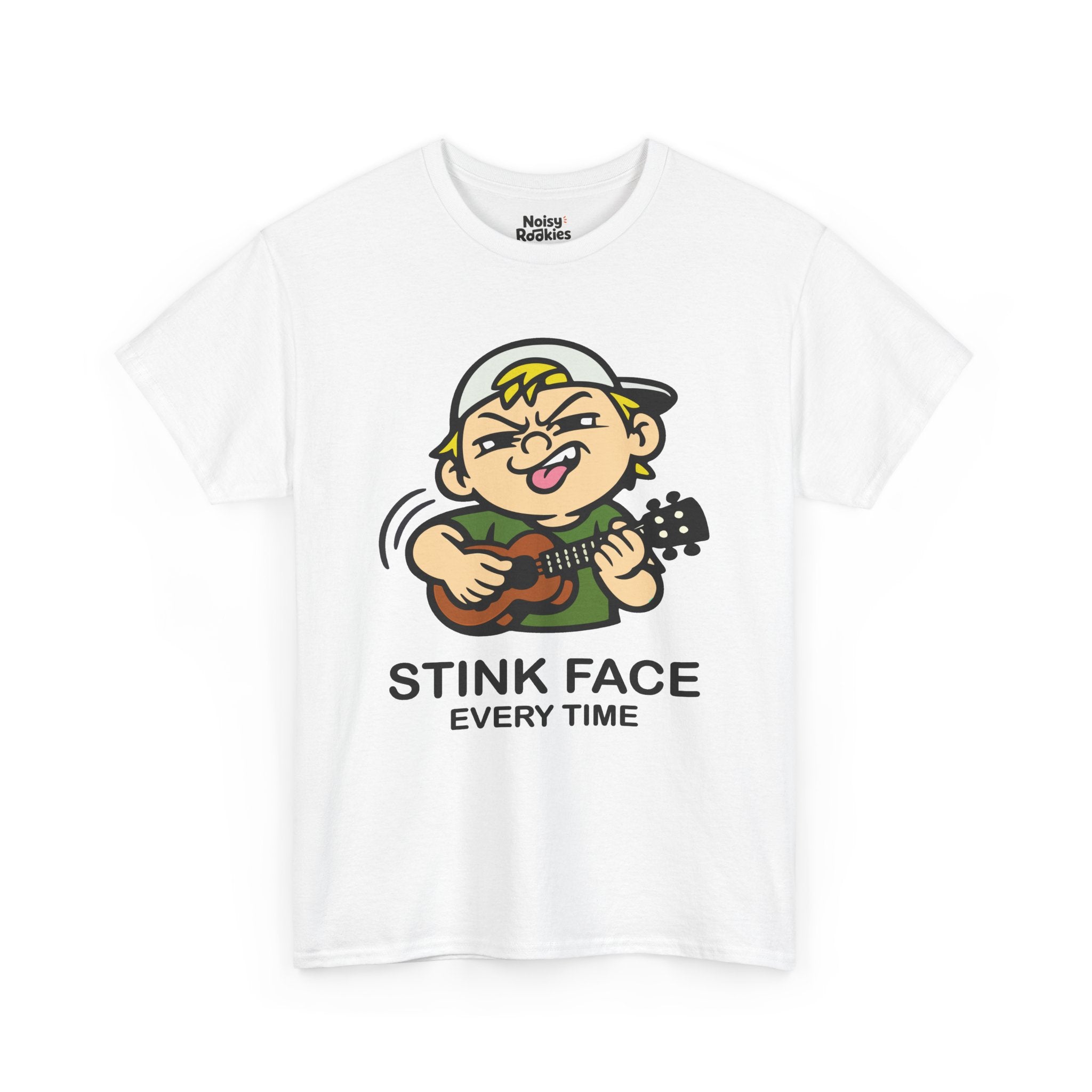 A cartoon kid in a backwards cap and a green tee strumming a ukulele, face screwed up in total concentration with the nose wrinkled, one eye squinted shut, teeth bared and tongue out, motion arcs trailing the strumming hand. Black caption beneath reads STINK FACE on the first line and EVERY TIME on the second.