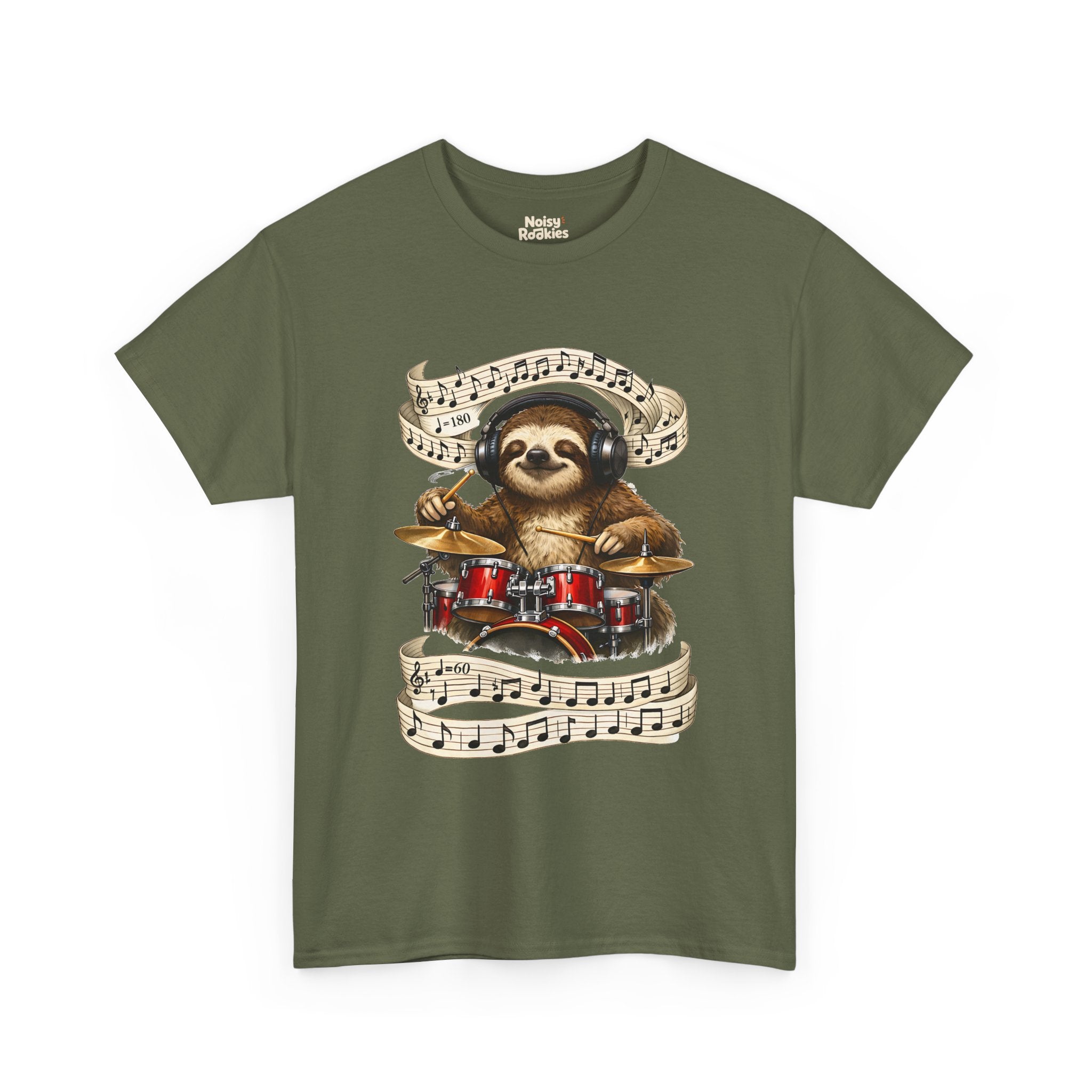 Illustration of a happy sloth wearing headphones, eyes closed and smiling, playing a bright red drum kit with drumsticks while ribbons of sheet music swirl around it, one marked 180 beats per minute and one marked 60.