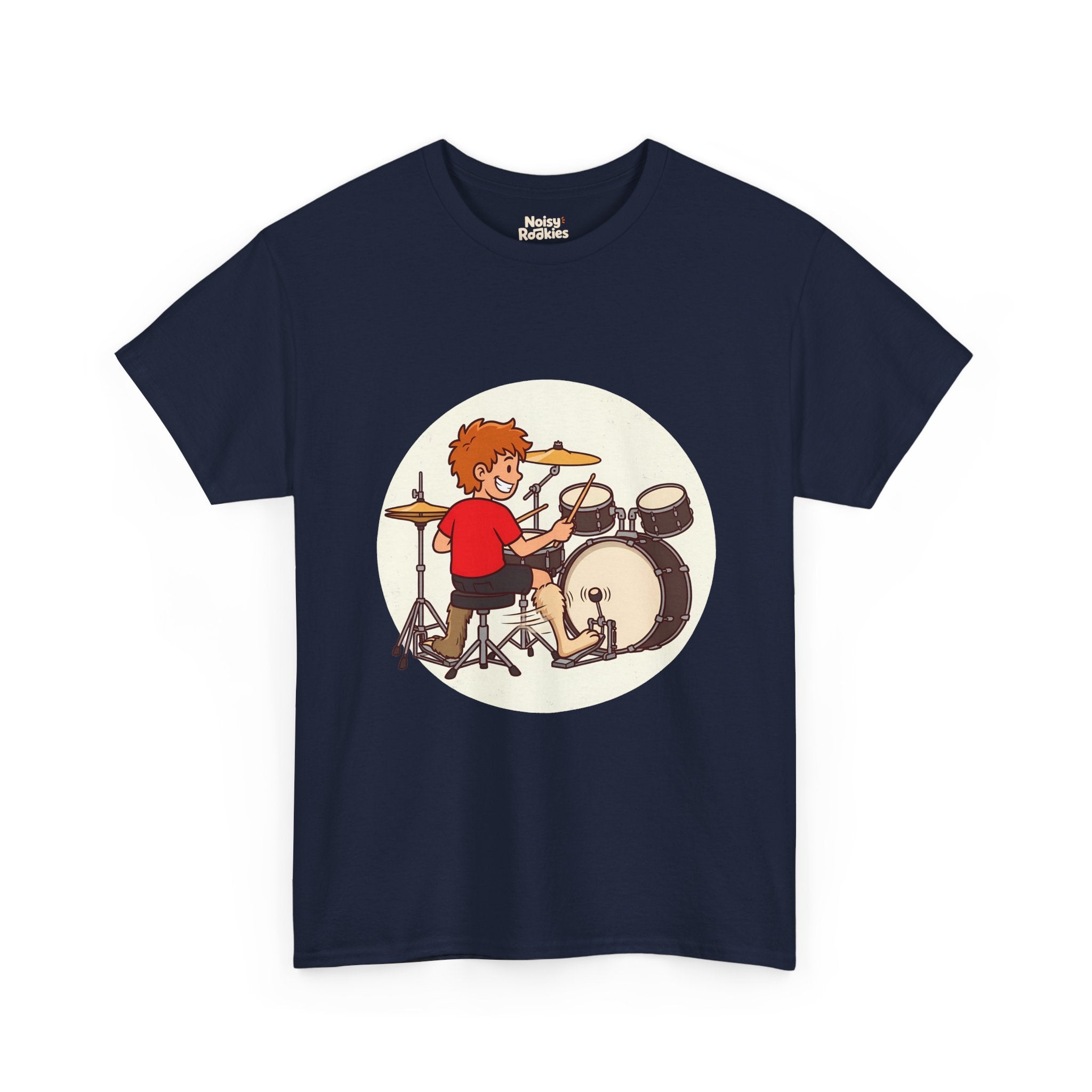 Cartoon of a grinning beginner drummer at a kit, seen from behind, with two mismatched furry animal legs, one fast rabbit foot on the bass pedal and one slow sloth foot on the hi-hat.