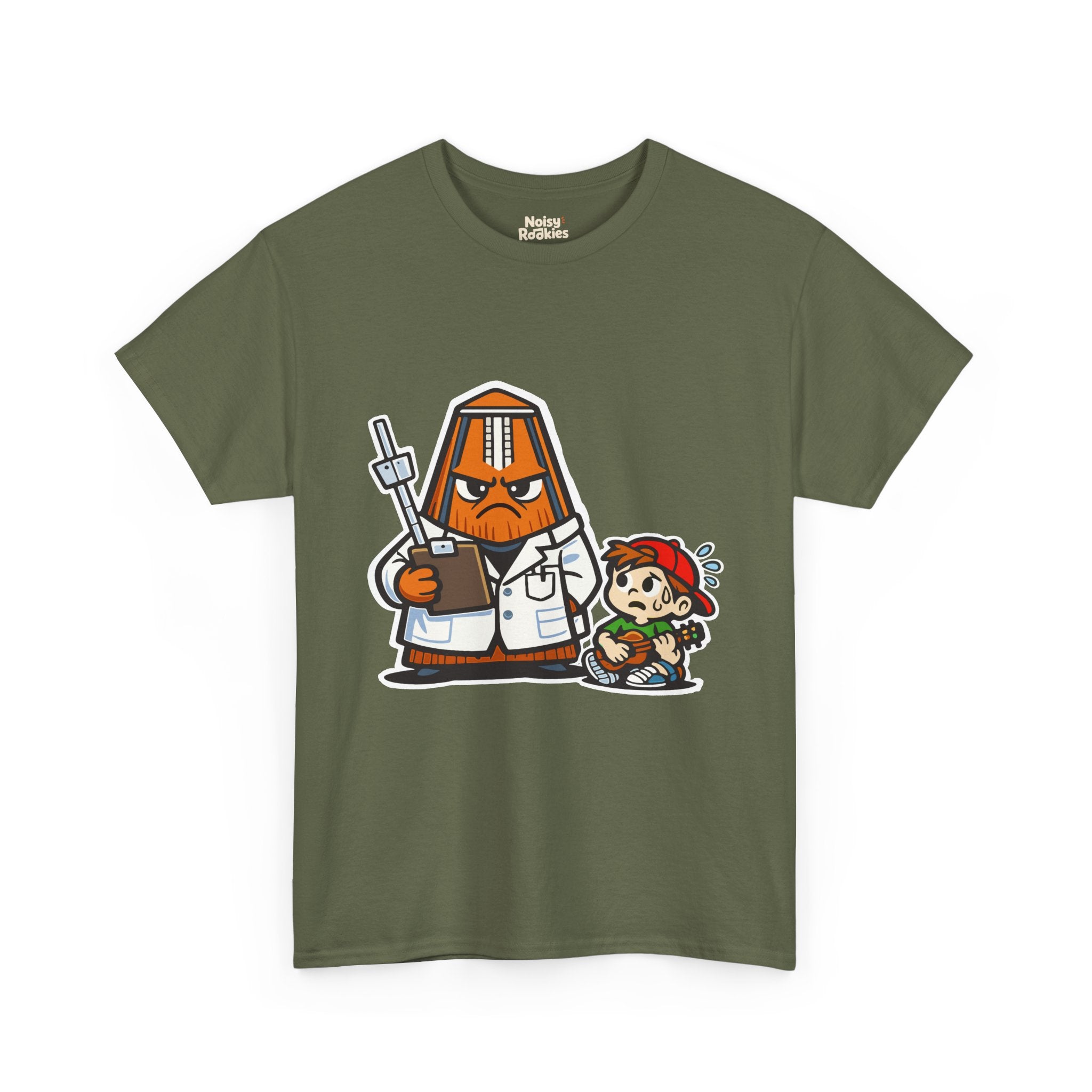 Dark-shirt design of a cartoon metronome dressed as a stern doctor in a white coat holding a clipboard, with a nervous, sweating beginner sitting beside it.