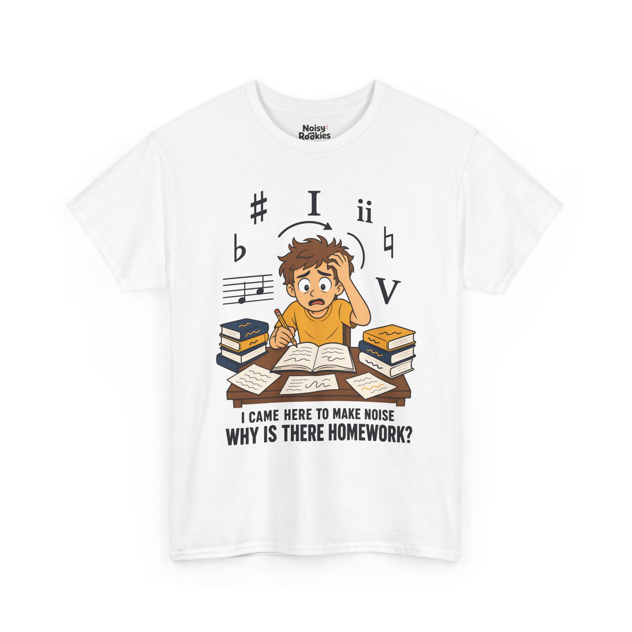 Cartoon illustration of an overwhelmed young beginner musician at a desk piled with theory books and loose papers, holding a pencil and gripping his hair, surrounded by oversized dark blue music symbols including a sharp, a flat, a natural, the Roman numerals I, ii and V, and a staff fragment. Dark blue text below reads I came here to make noise, why is there homework?