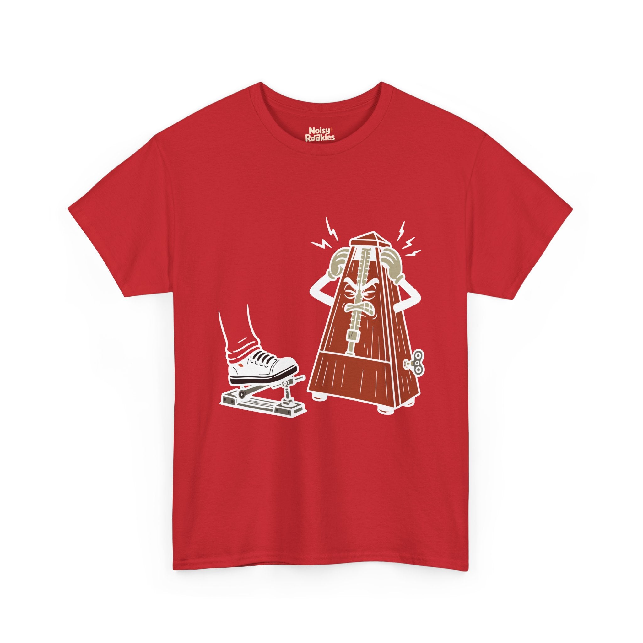 Cartoon illustration of a rust red wooden wind-up metronome character with an angry, gritted-teeth face, gripping the sides of its own head with both gloved hands while jagged anger bolts radiate around it, glaring at a motionless sneaker resting on a hi-hat pedal. Cream and white line work, no text on the design.