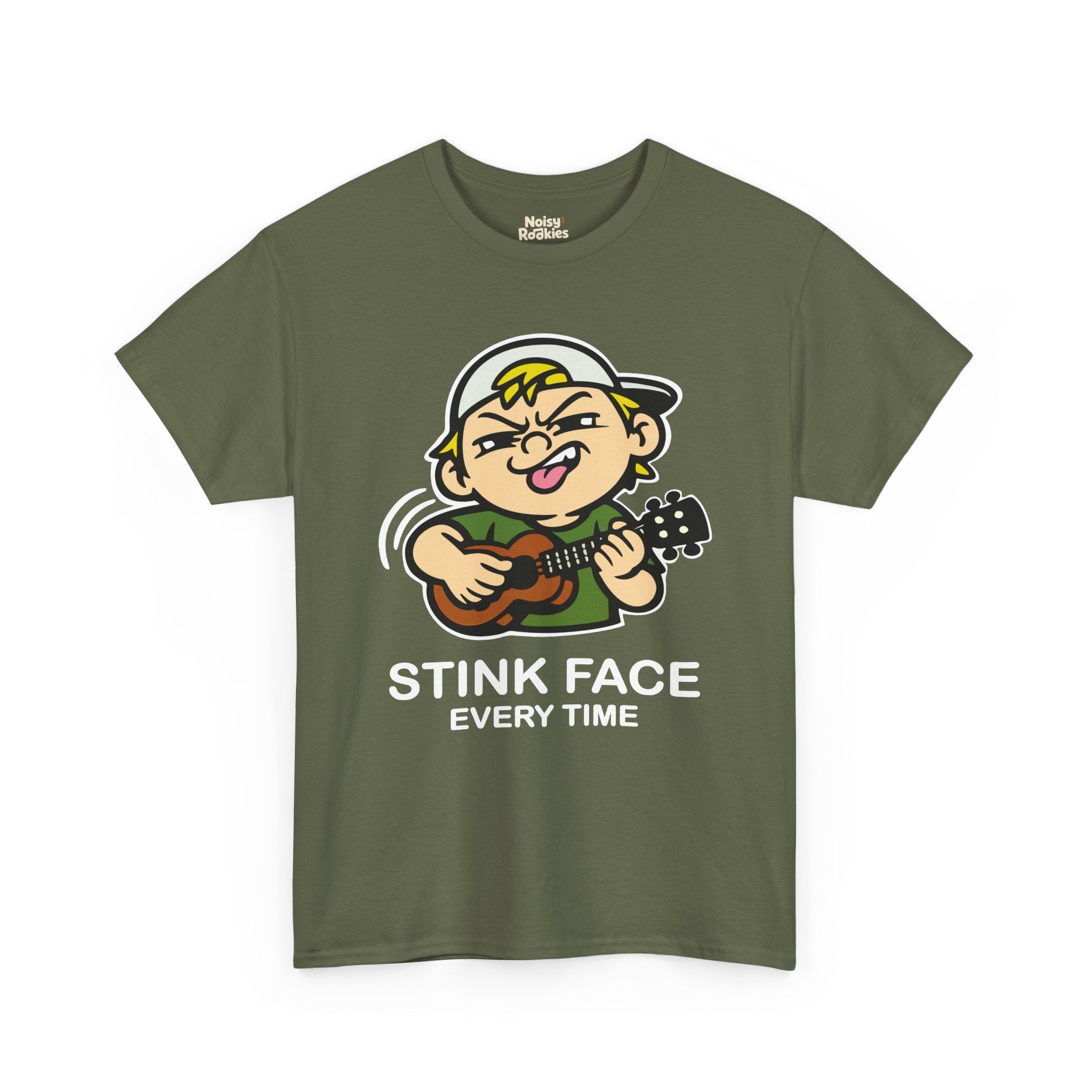 The same cartoon kid strumming a ukulele with the concentration grimace, outlined in a white keyline so the black linework lifts off a dark shirt. White caption beneath reads STINK FACE on the first line and EVERY TIME on the second.