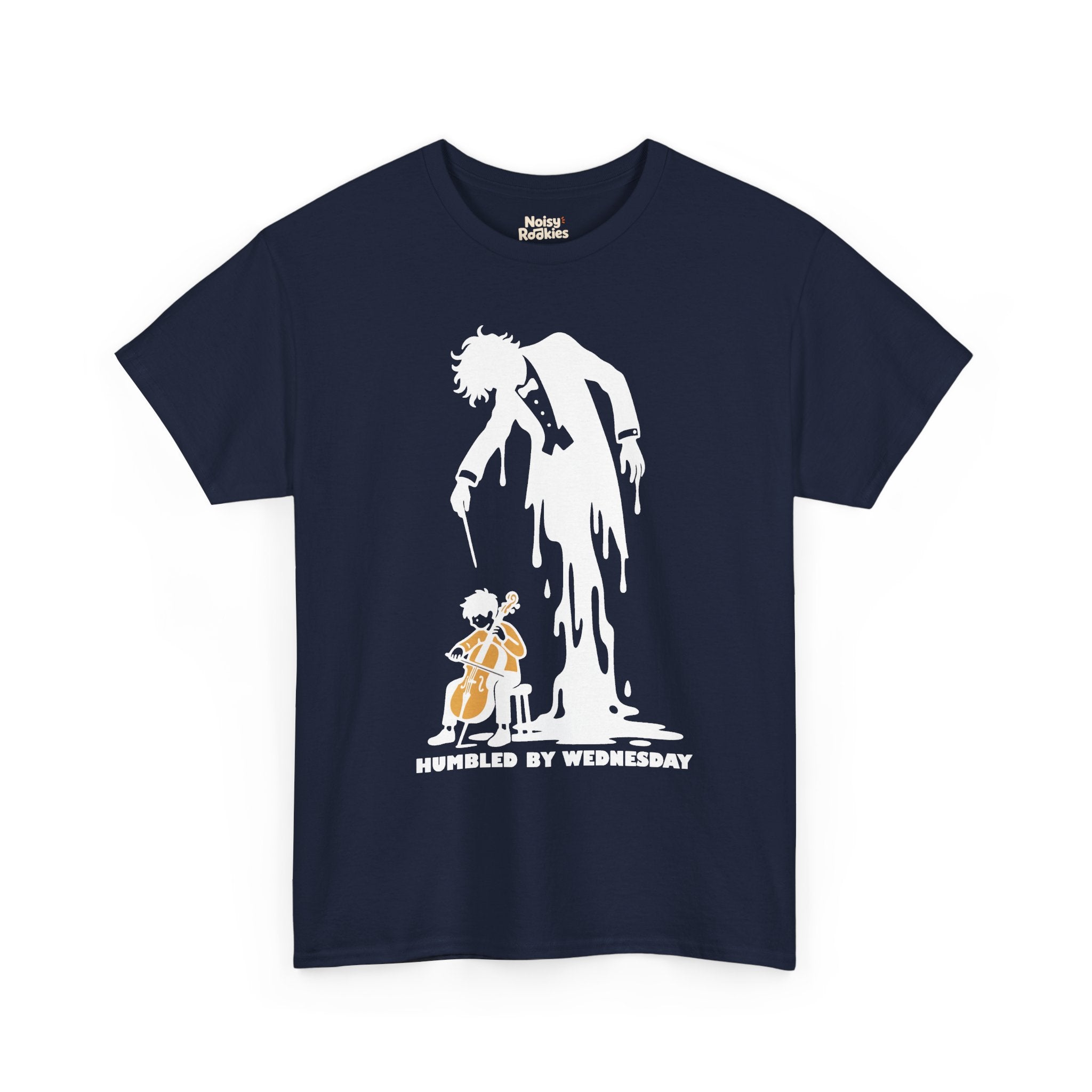 Illustration of a small beginner seated on a stool playing a cello, while a huge tuxedoed maestro silhouette with wild hair and a drooping baton melts and pours down into a puddle behind them, above the words HUMBLED BY WEDNESDAY, printed in white ink.