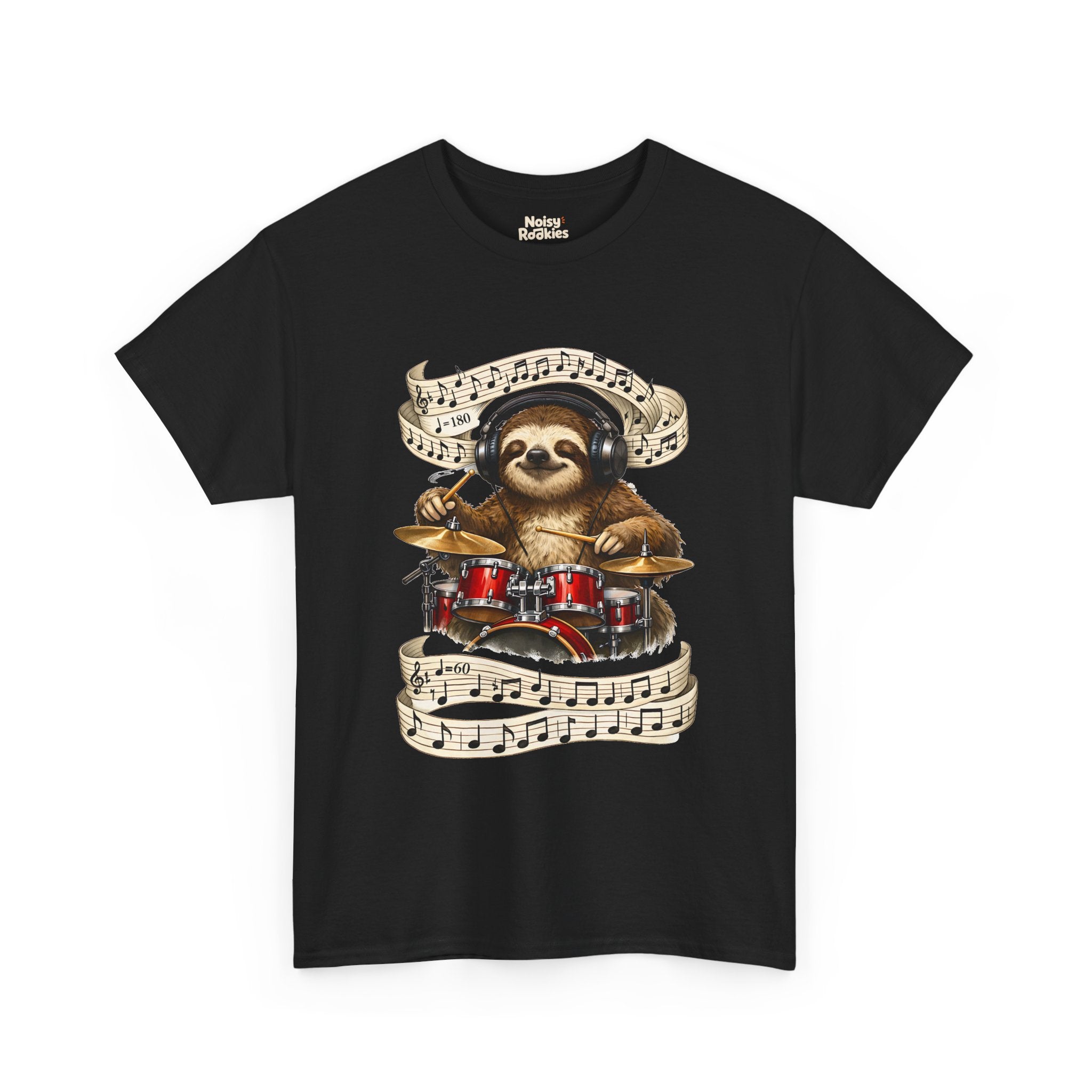 Illustration of a happy sloth wearing headphones, eyes closed and smiling, playing a bright red drum kit with drumsticks while ribbons of sheet music swirl around it, one marked 180 beats per minute and one marked 60.