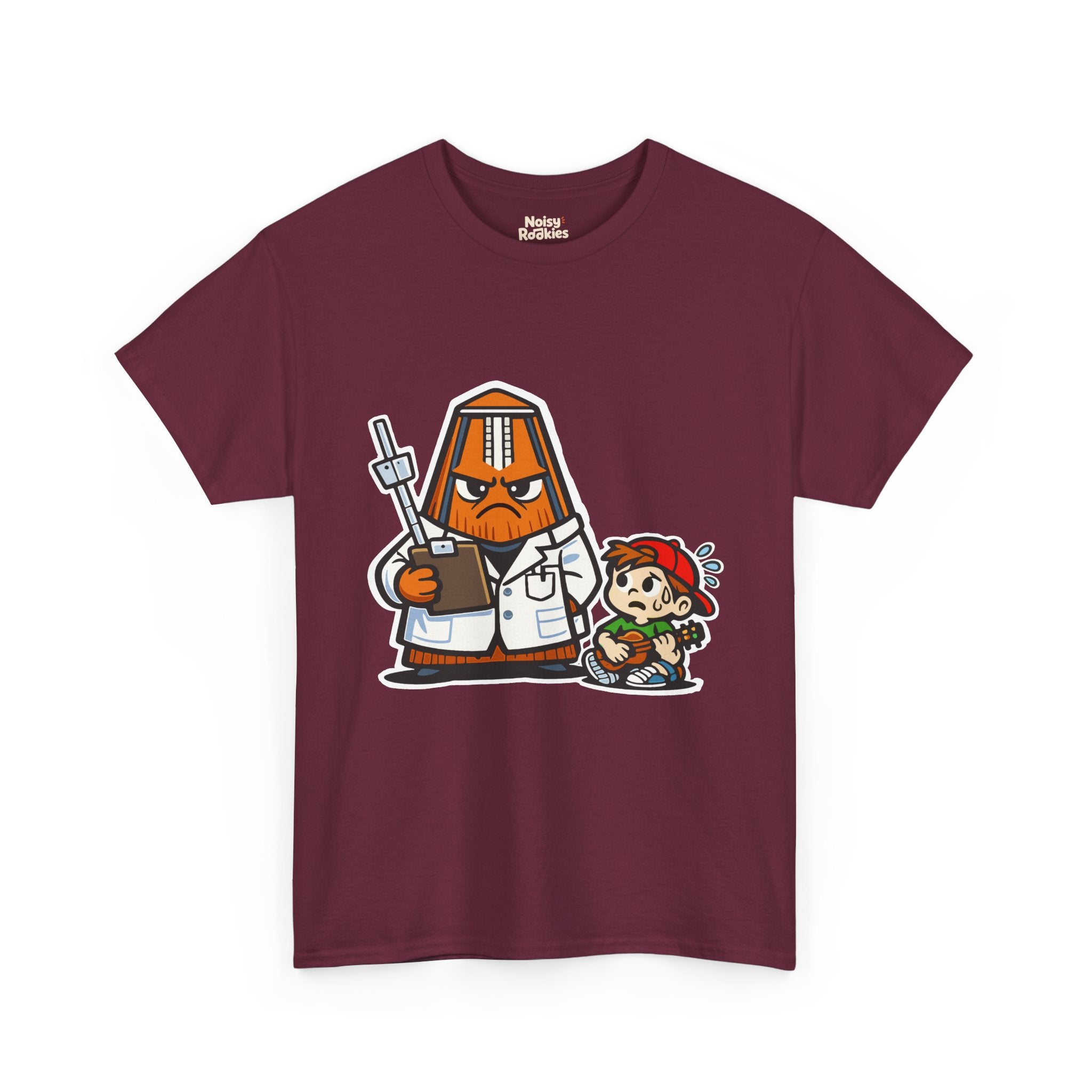 Dark-shirt design of a cartoon metronome dressed as a stern doctor in a white coat holding a clipboard, with a nervous, sweating beginner sitting beside it.