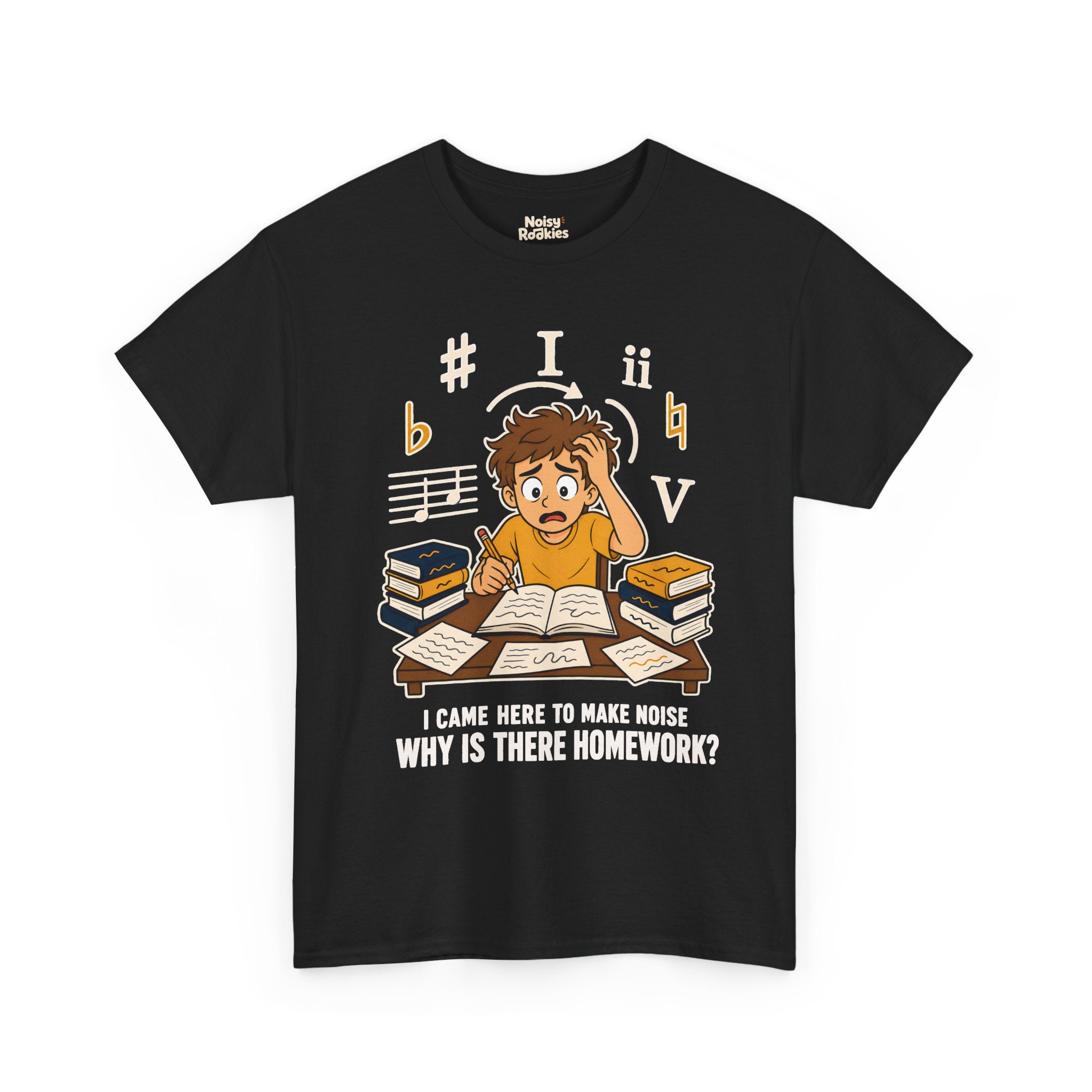 Cartoon illustration of an overwhelmed young beginner musician at a desk piled with theory books and loose papers, holding a pencil and gripping his hair, surrounded by oversized cream and gold music symbols including a sharp, a flat, a natural, the Roman numerals I, ii and V, and a staff fragment. Cream text below reads I came here to make noise, why is there homework?