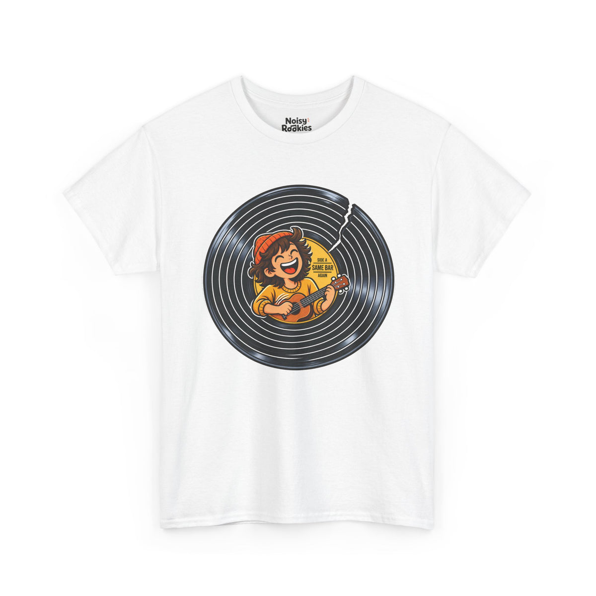 A cracked black vinyl record with a yellow center label. A laughing young musician in an orange beanie plays a ukulele across the label, beside the words Side A, Same Bar, Again.
