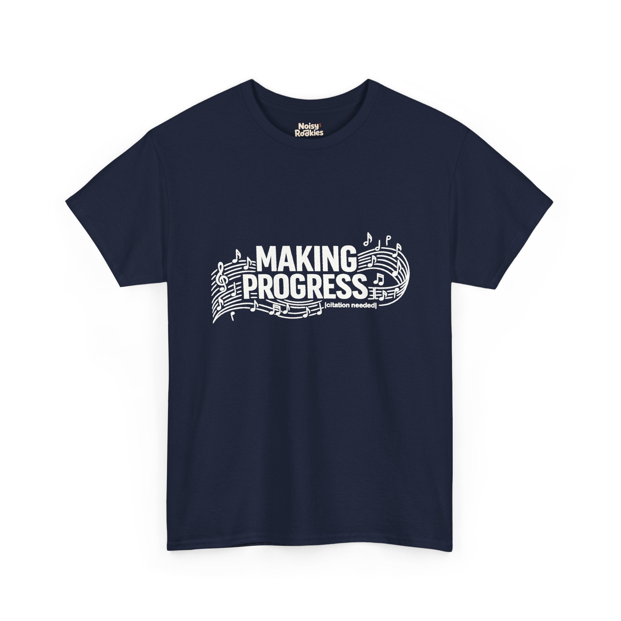 White t-shirt design reading MAKING PROGRESS with a small "citation needed" tag, woven through a flowing musical staff with a treble clef and scattered notes.