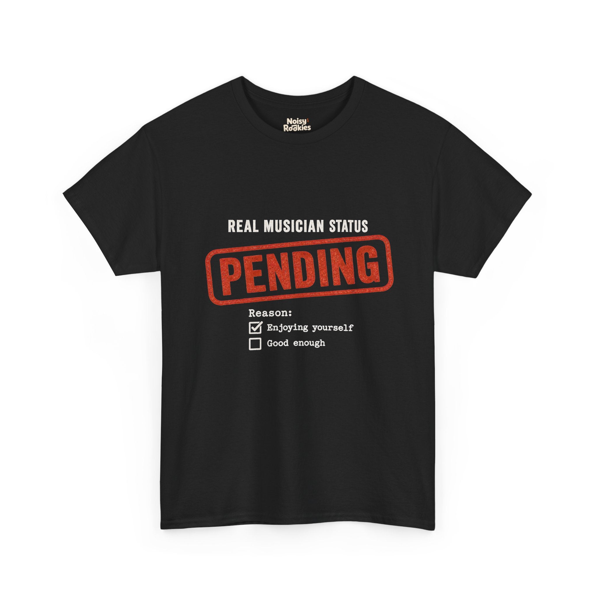 Typographic form design reading Real Musician Status with a large distressed red-orange PENDING rubber stamp, above a Reason checklist with Enjoying yourself checked and Good enough unchecked, printed in cream ink.