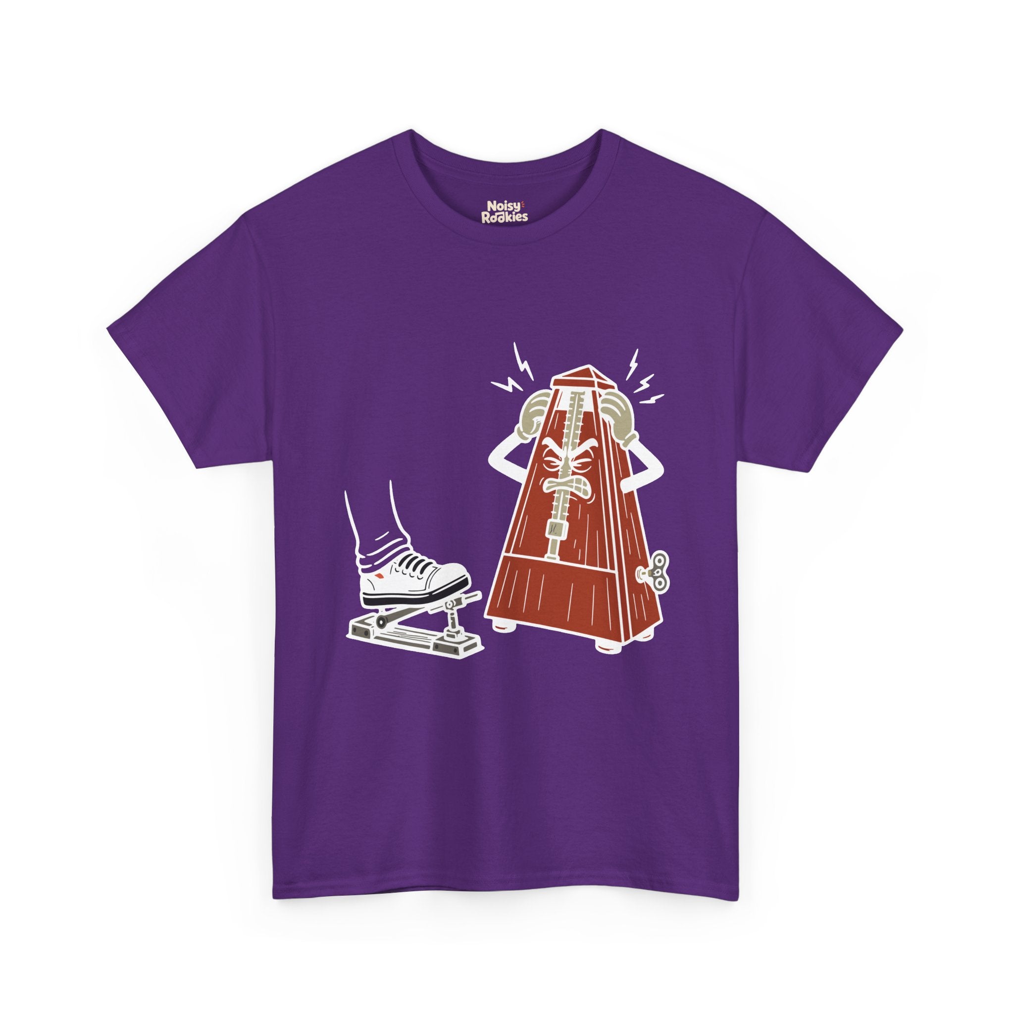 Cartoon illustration of a rust red wooden wind-up metronome character with an angry, gritted-teeth face, gripping the sides of its own head with both gloved hands while jagged anger bolts radiate around it, glaring at a motionless sneaker resting on a hi-hat pedal. Cream and white line work, no text on the design.