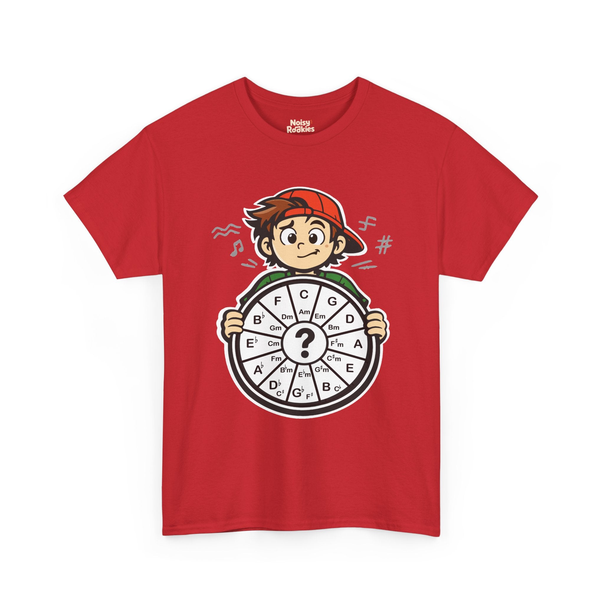 Dark-shirt design of a confused cartoon kid in a backward cap holding up a hand-drawn circle of fifths wheel with a large question mark in the center.