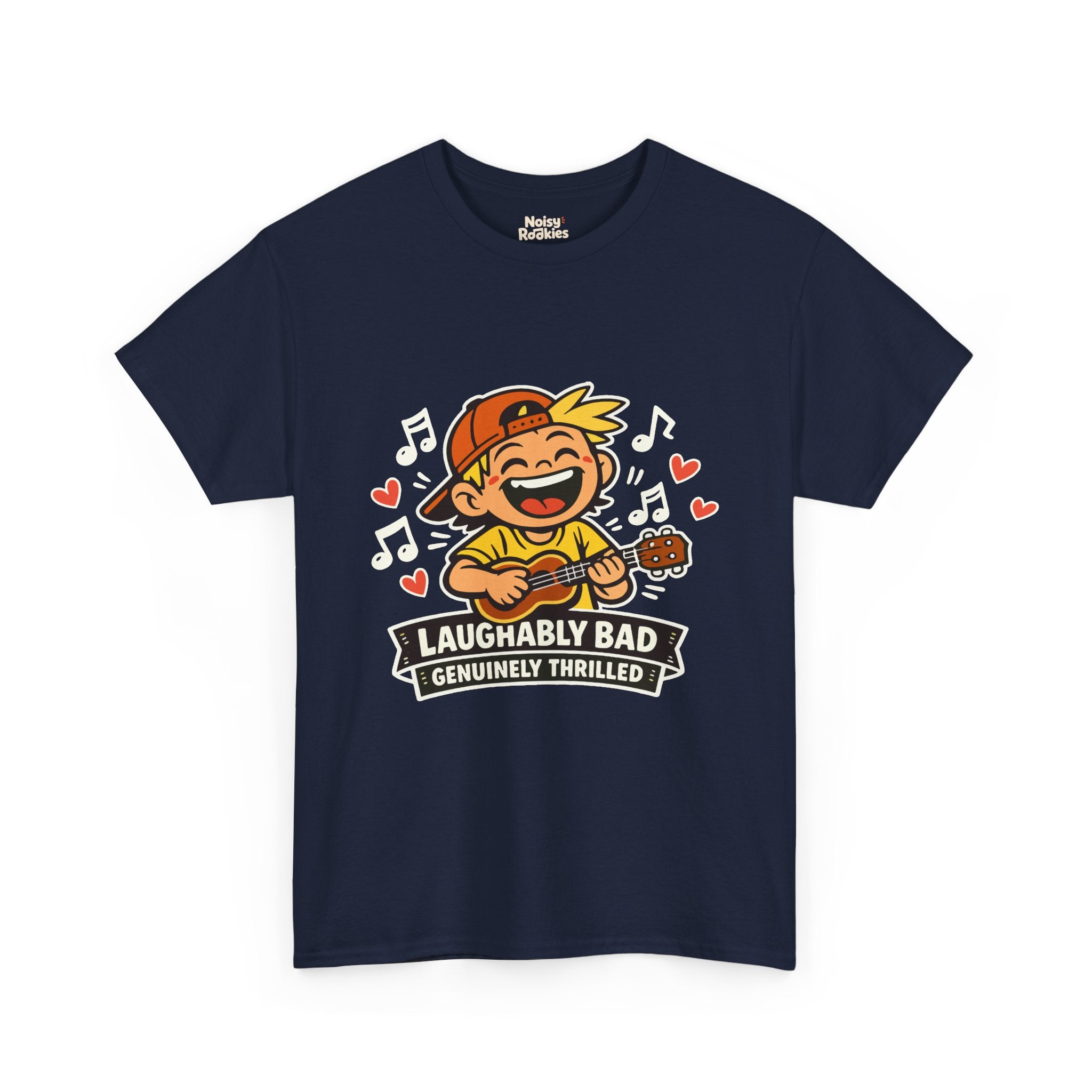 Dark-shirt design of a beaming cartoon kid in a backward cap strumming a ukulele, surrounded by music notes and hearts, over a banner reading Laughably Bad Genuinely Thrilled.