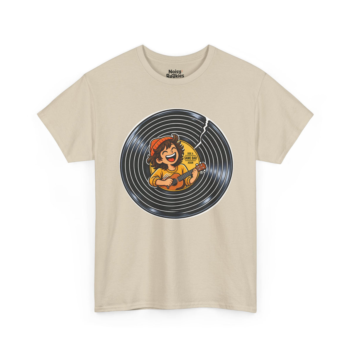 A cracked black vinyl record with a yellow center label. A laughing young musician in an orange beanie plays a ukulele across the label, beside the words Side A, Same Bar, Again.