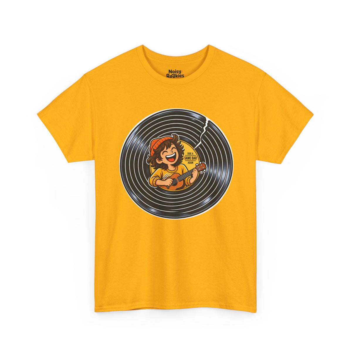 A cracked black vinyl record with a yellow center label. A laughing young musician in an orange beanie plays a ukulele across the label, beside the words Side A, Same Bar, Again.