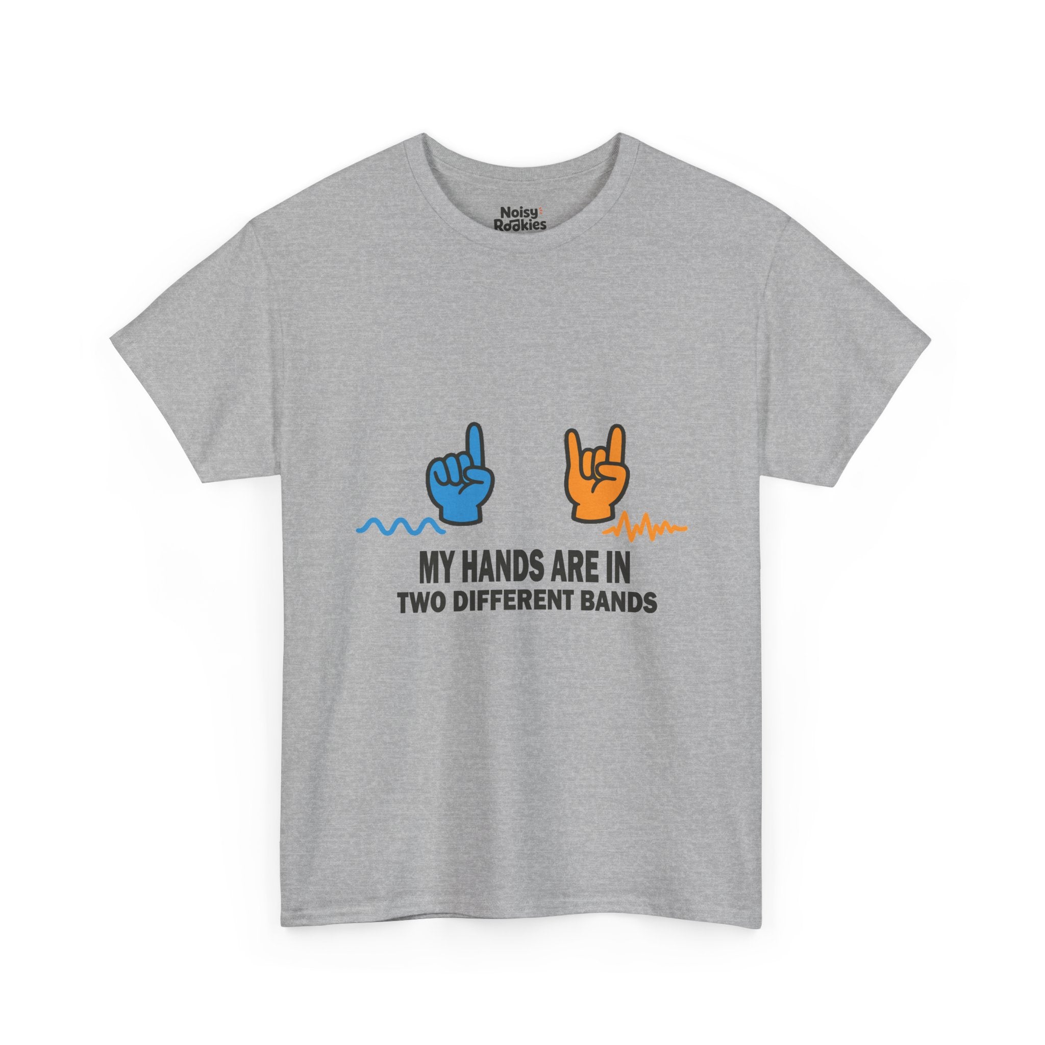 Dark-ink t-shirt design of two hands making different gestures over two different sound waveforms, above the words My Hands Are in Two Different Bands.