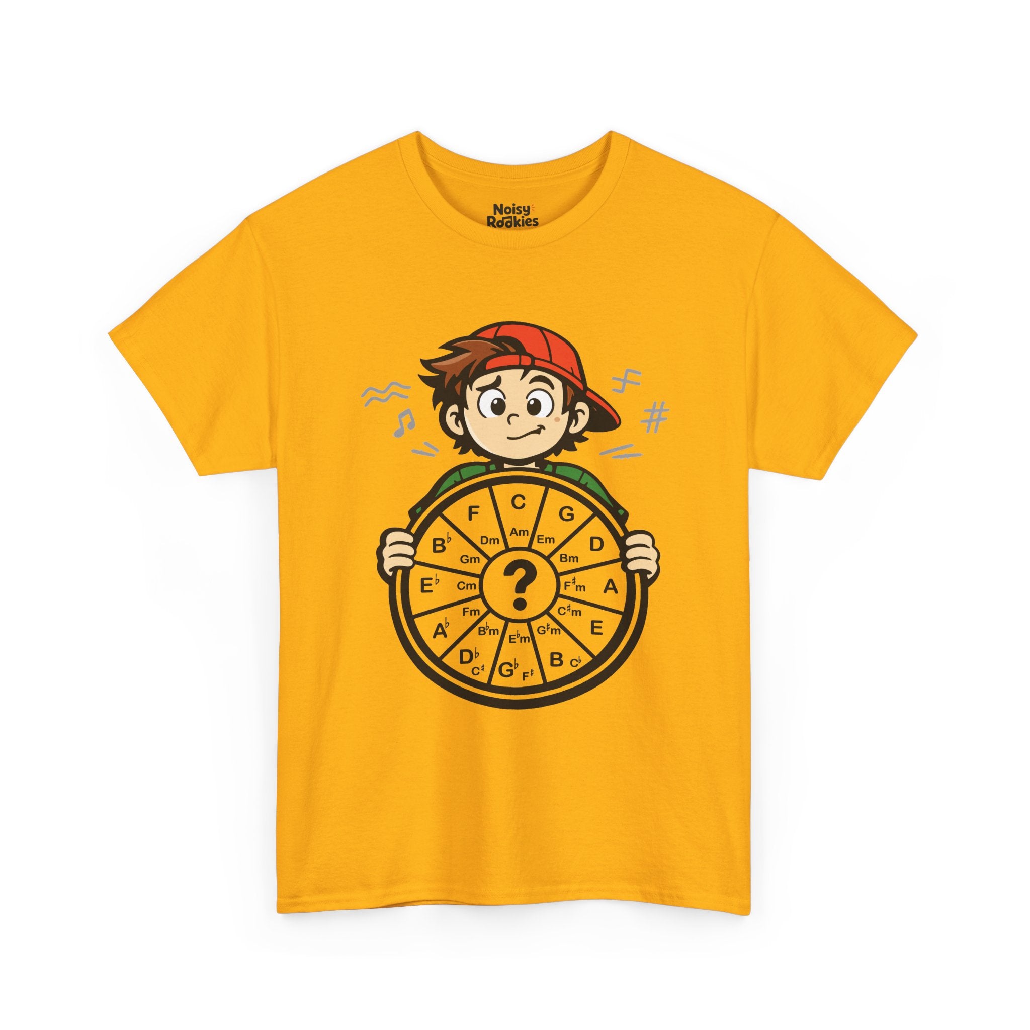 Light-shirt design of a confused cartoon kid in a backward cap holding up a hand-drawn circle of fifths wheel with a large question mark in the center.