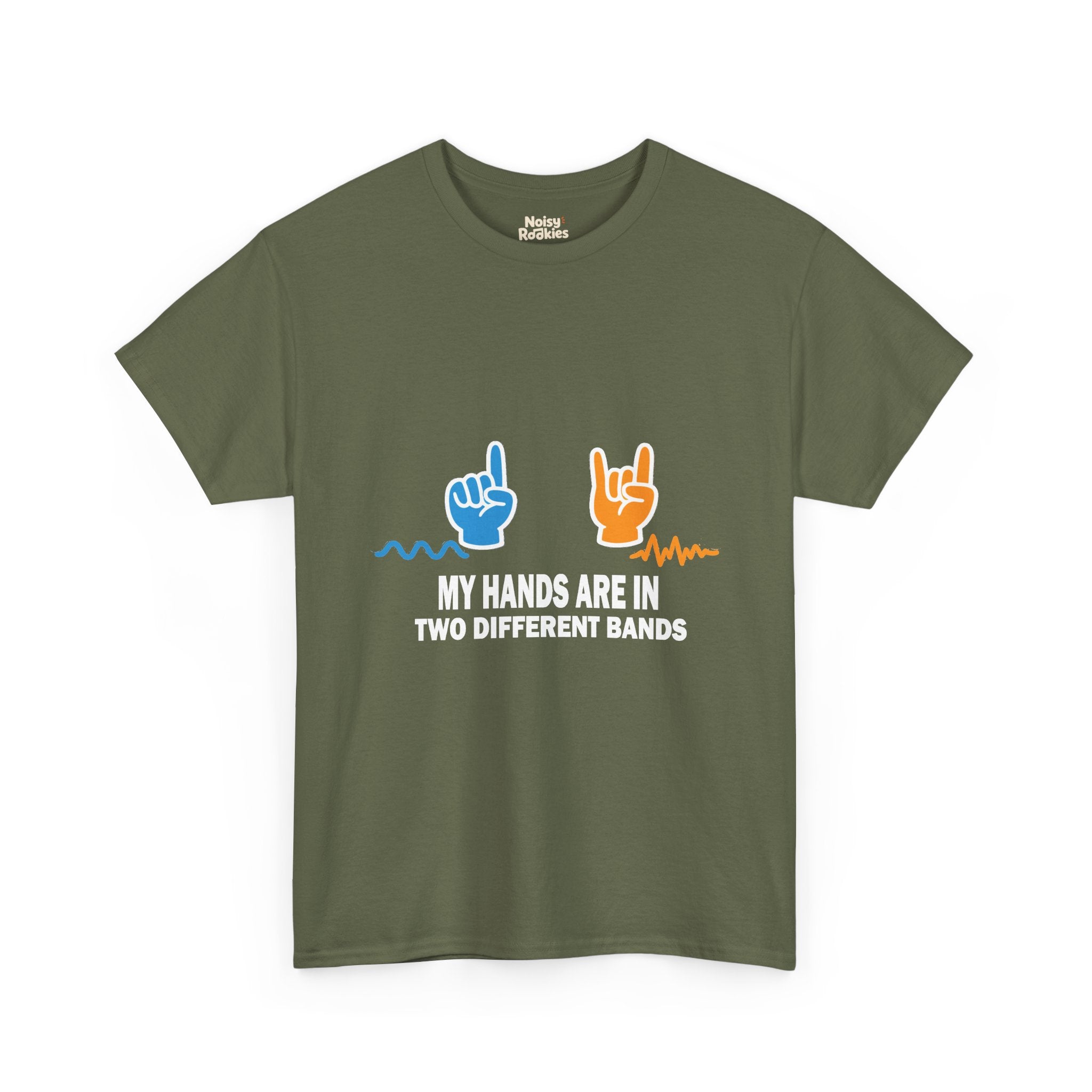 Light-ink t-shirt design of two hands making different gestures over two different sound waveforms, above the words My Hands Are in Two Different Bands.