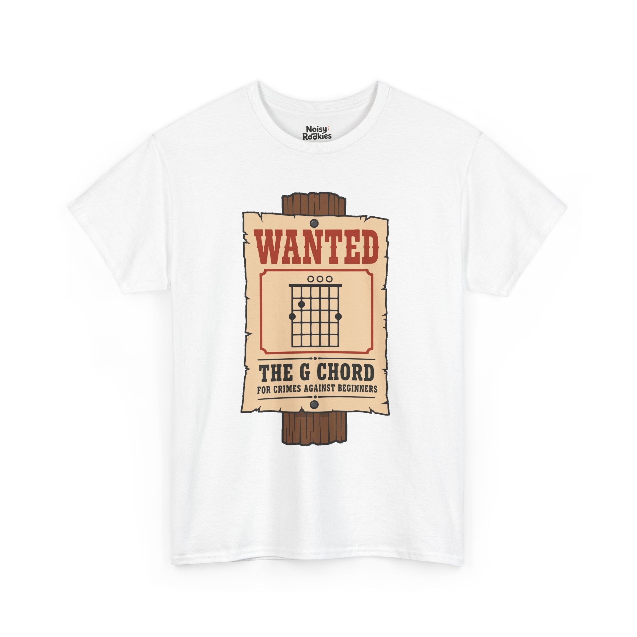 Vintage western wanted poster nailed to a wooden post, with a G major open guitar chord diagram as the mugshot and the words Wanted, The G Chord, For Crimes Against Beginners.
