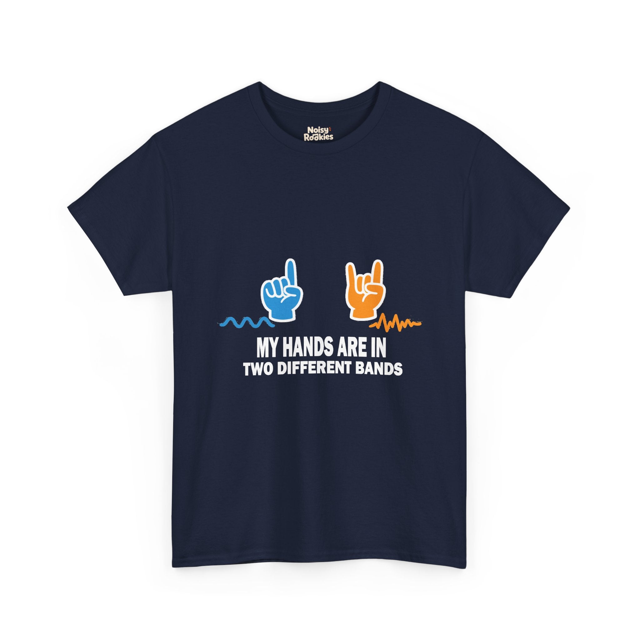 Light-ink t-shirt design of two hands making different gestures over two different sound waveforms, above the words My Hands Are in Two Different Bands.