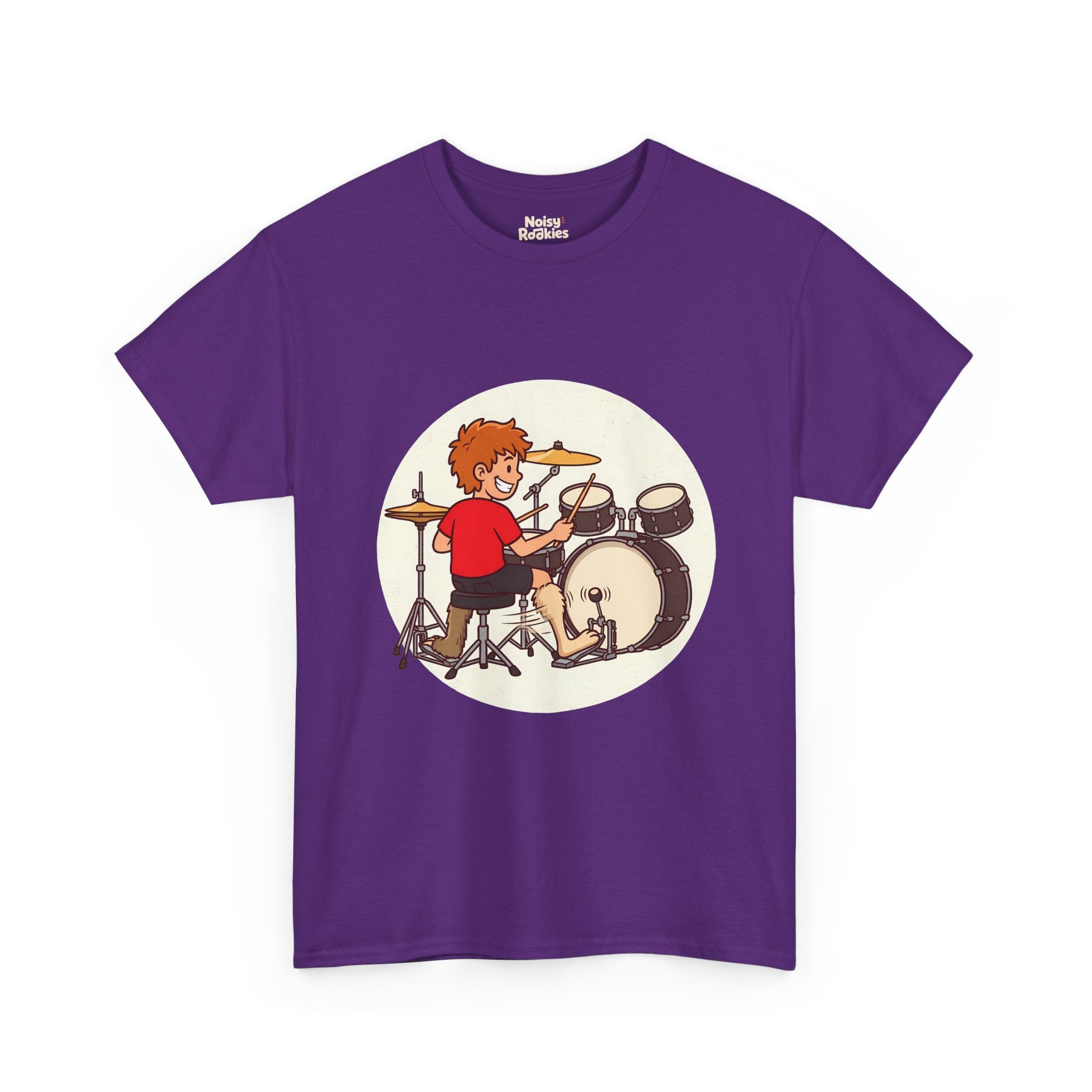Cartoon of a grinning beginner drummer at a kit, seen from behind, with two mismatched furry animal legs, one fast rabbit foot on the bass pedal and one slow sloth foot on the hi-hat.
