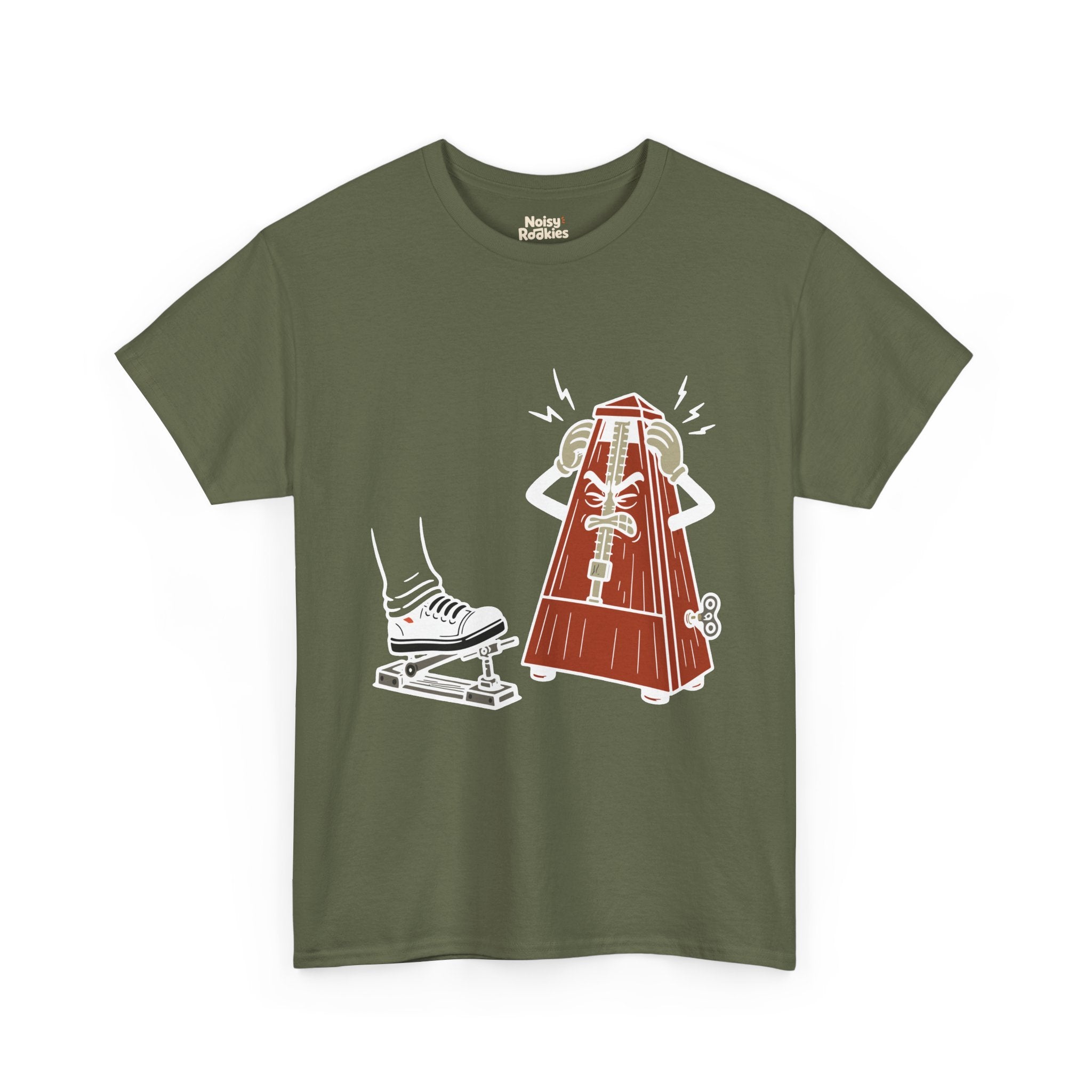 Cartoon illustration of a rust red wooden wind-up metronome character with an angry, gritted-teeth face, gripping the sides of its own head with both gloved hands while jagged anger bolts radiate around it, glaring at a motionless sneaker resting on a hi-hat pedal. Cream and white line work, no text on the design.