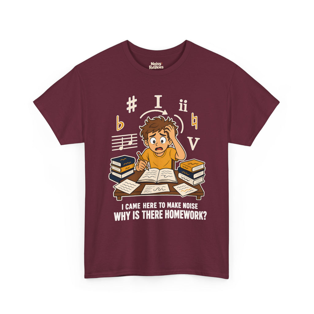 Cartoon illustration of an overwhelmed young beginner musician at a desk piled with theory books and loose papers, holding a pencil and gripping his hair, surrounded by oversized cream and gold music symbols including a sharp, a flat, a natural, the Roman numerals I, ii and V, and a staff fragment. Cream text below reads I came here to make noise, why is there homework?