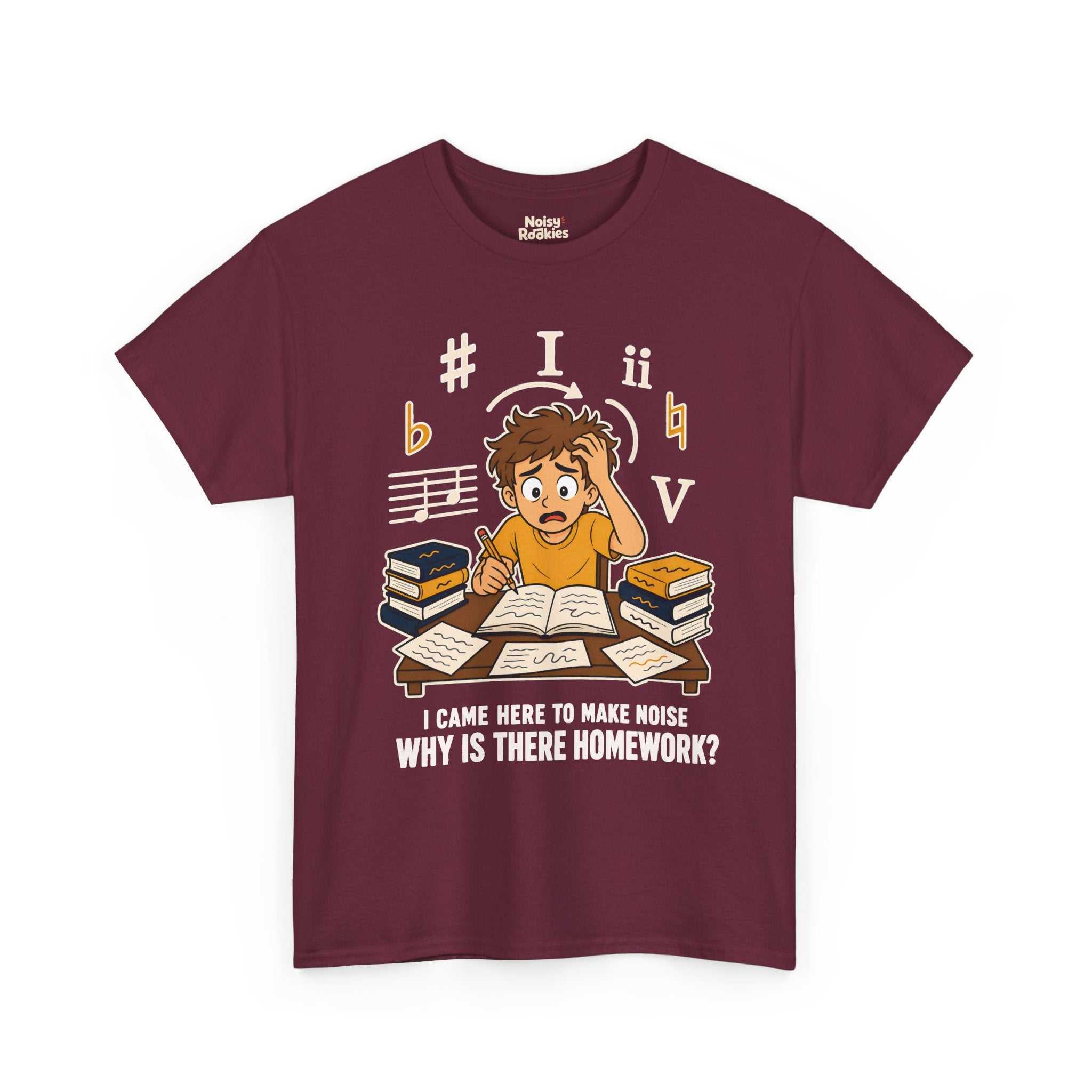 Cartoon illustration of an overwhelmed young beginner musician at a desk piled with theory books and loose papers, holding a pencil and gripping his hair, surrounded by oversized cream and gold music symbols including a sharp, a flat, a natural, the Roman numerals I, ii and V, and a staff fragment. Cream text below reads I came here to make noise, why is there homework?