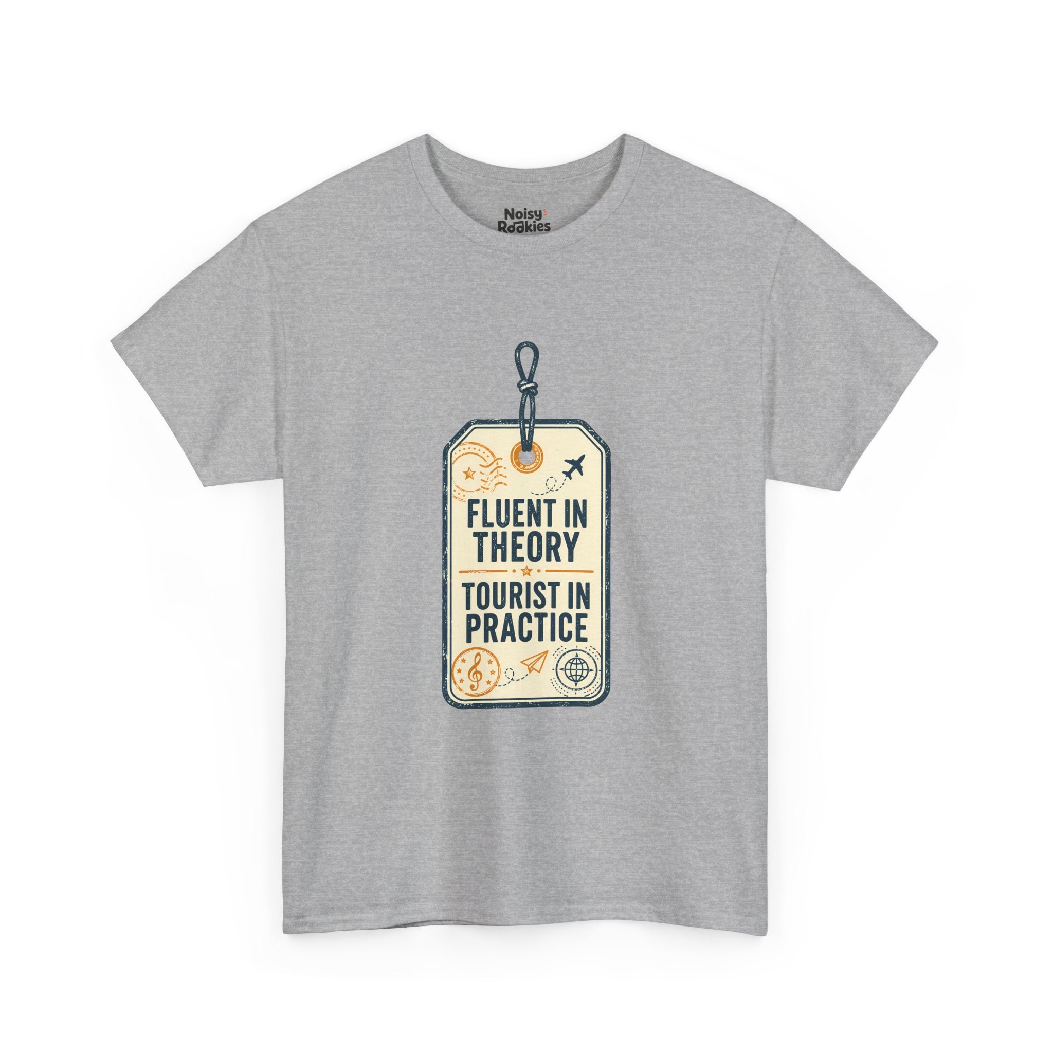 Vintage luggage tag graphic in dark blue and gold reading Fluent in Theory, Tourist in Practice, with a treble clef passport stamp, airplane flight path, paper plane, and globe compass doodles.