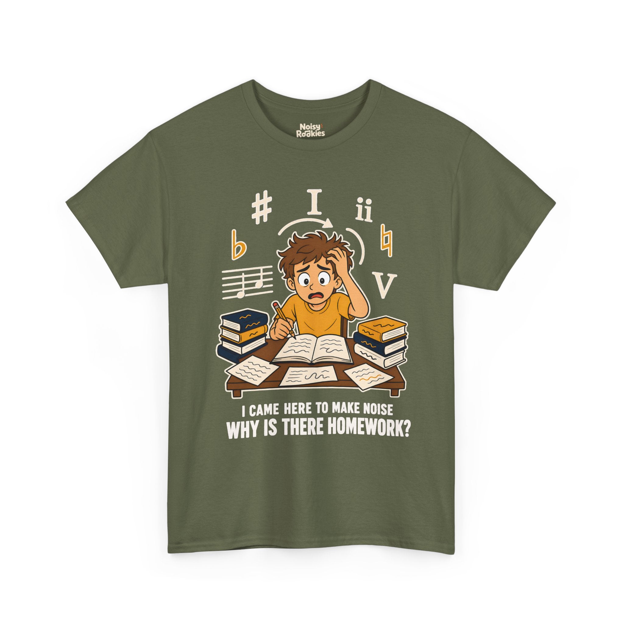 Cartoon illustration of an overwhelmed young beginner musician at a desk piled with theory books and loose papers, holding a pencil and gripping his hair, surrounded by oversized cream and gold music symbols including a sharp, a flat, a natural, the Roman numerals I, ii and V, and a staff fragment. Cream text below reads I came here to make noise, why is there homework?
