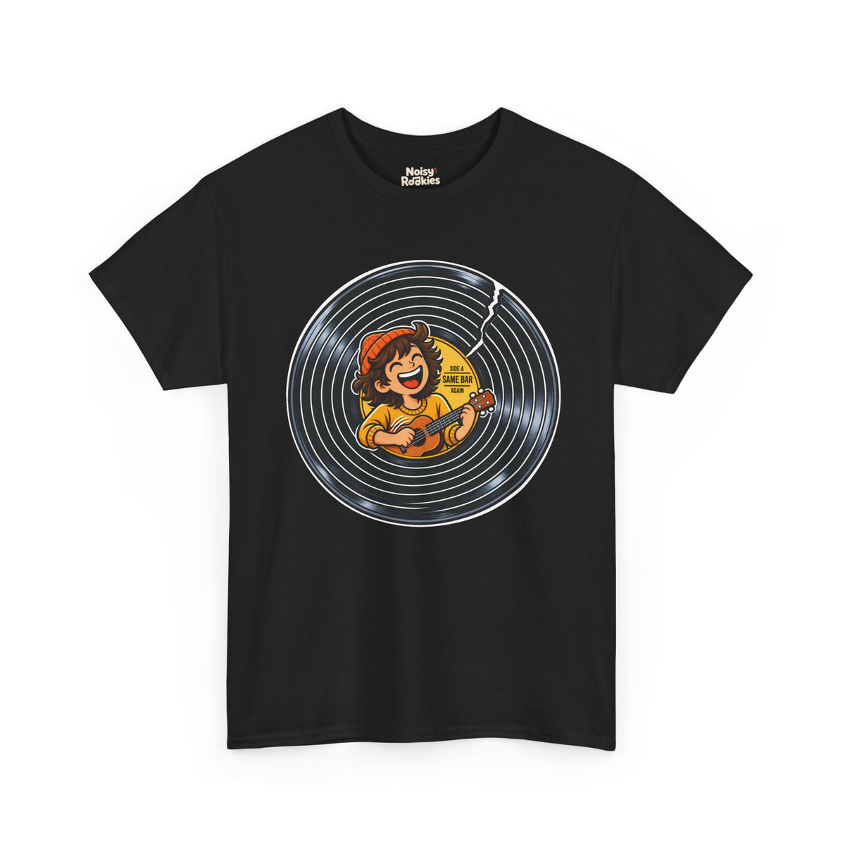 A cracked black vinyl record with a yellow center label. A laughing young musician in an orange beanie plays a ukulele across the label, beside the words Side A, Same Bar, Again.