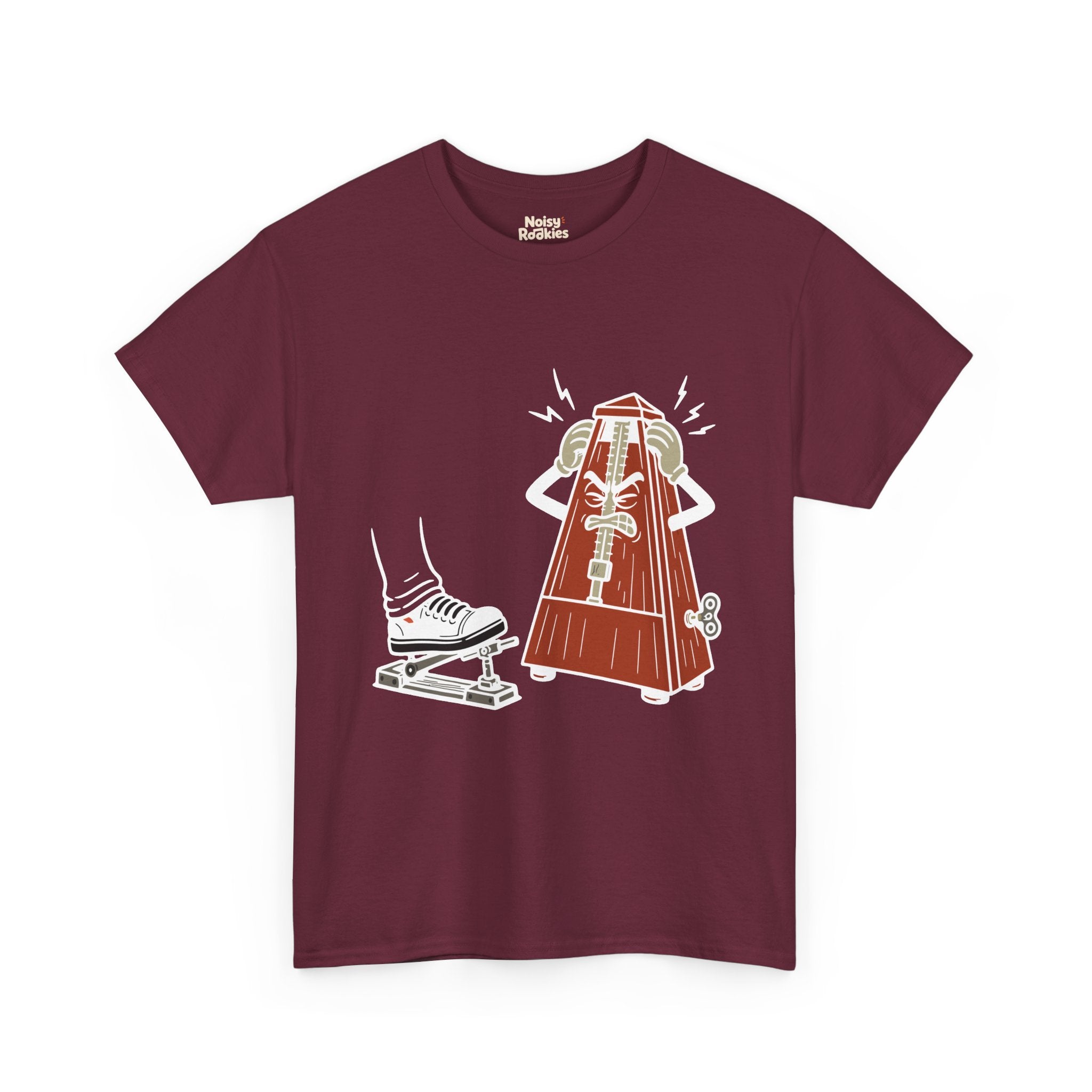 Cartoon illustration of a rust red wooden wind-up metronome character with an angry, gritted-teeth face, gripping the sides of its own head with both gloved hands while jagged anger bolts radiate around it, glaring at a motionless sneaker resting on a hi-hat pedal. Cream and white line work, no text on the design.