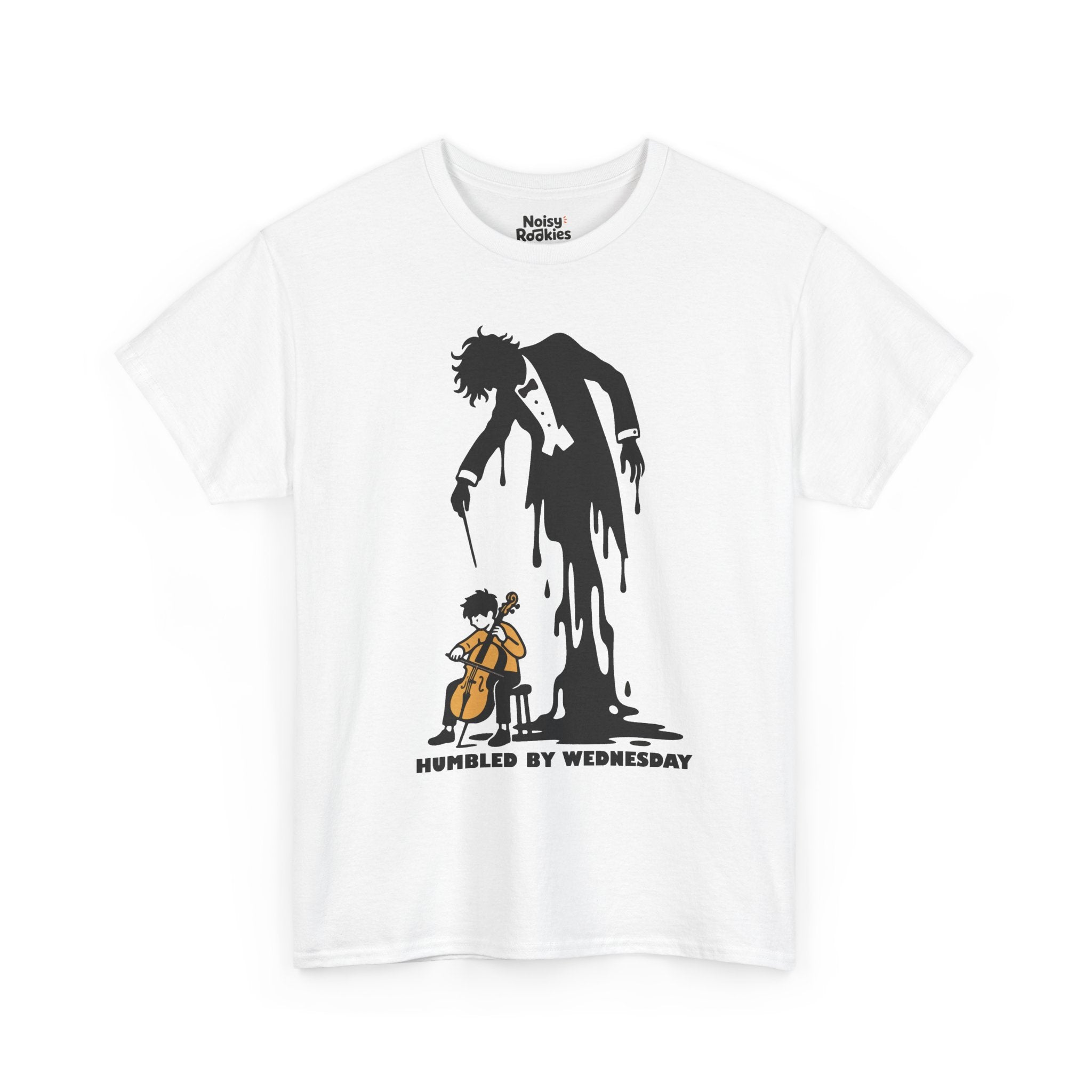 Illustration of a small beginner seated on a stool playing a cello, while a huge tuxedoed maestro silhouette with wild hair and a drooping baton melts and pours down into a puddle behind them, above the words HUMBLED BY WEDNESDAY, printed in black ink.