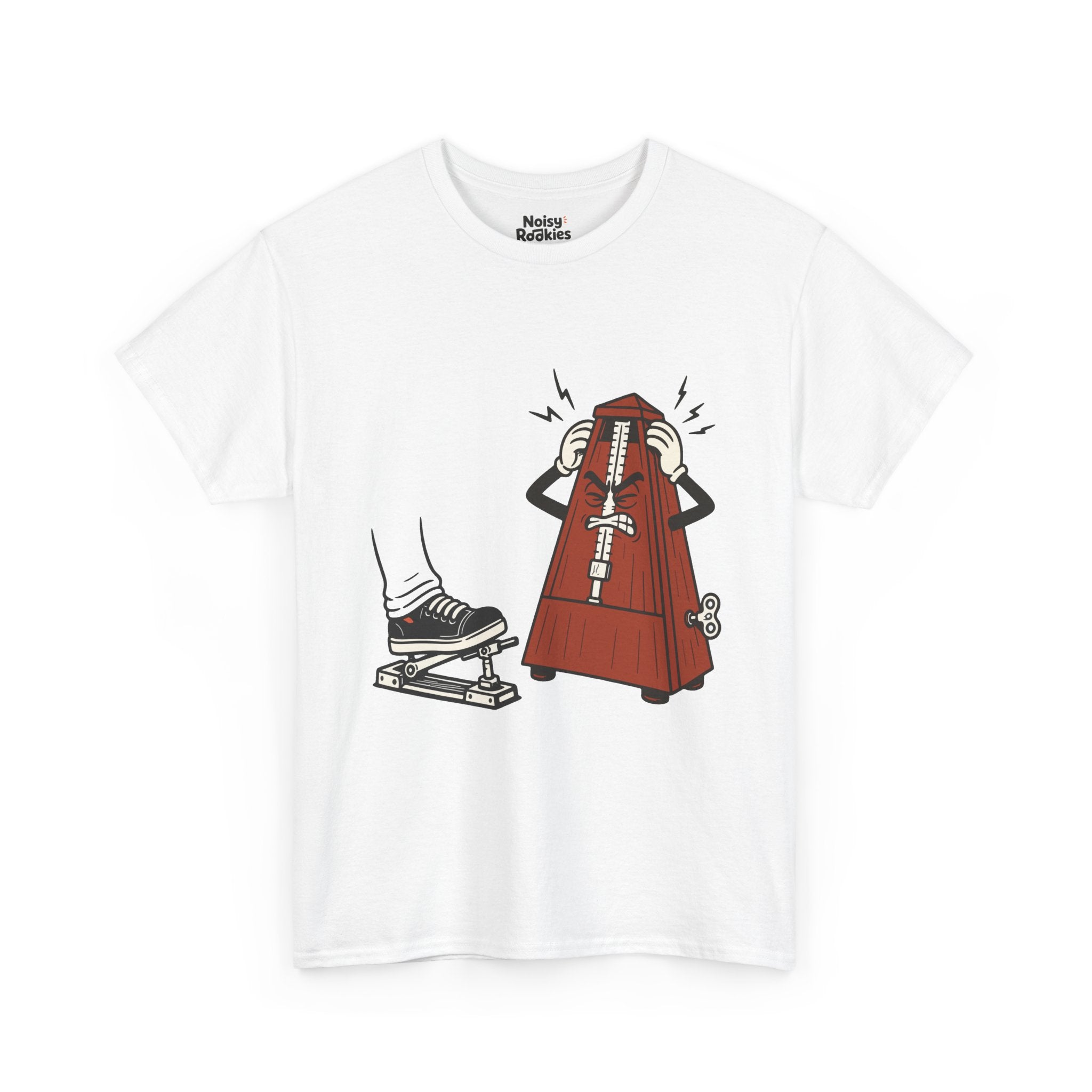 Cartoon illustration of a rust red wooden wind-up metronome character with an angry, gritted-teeth face, gripping the sides of its own head with both gloved hands while jagged anger bolts radiate around it, glaring at a motionless black sneaker resting on a hi-hat pedal. Dark ink line work, no text on the design.