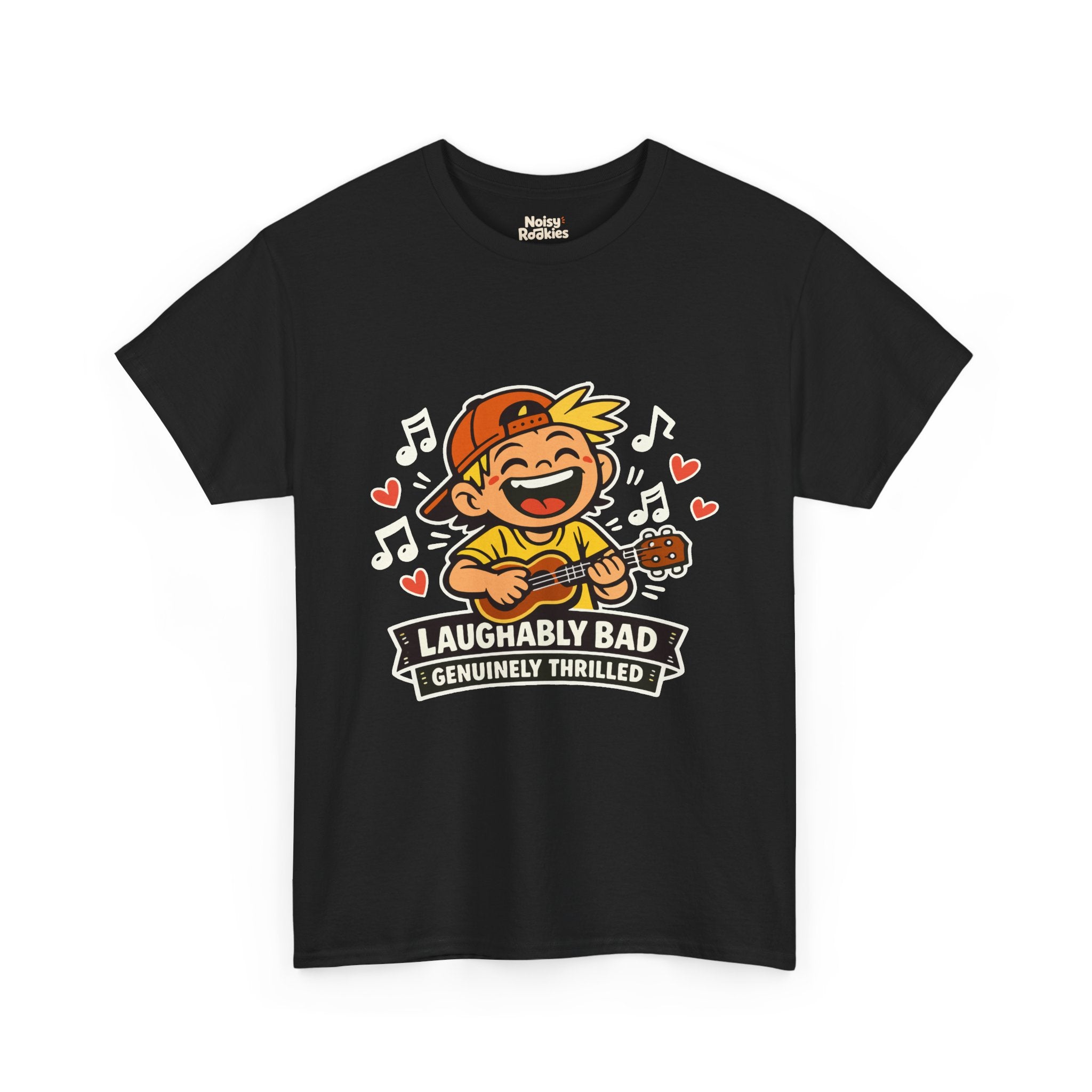 Dark-shirt design of a beaming cartoon kid in a backward cap strumming a ukulele, surrounded by music notes and hearts, over a banner reading Laughably Bad Genuinely Thrilled.