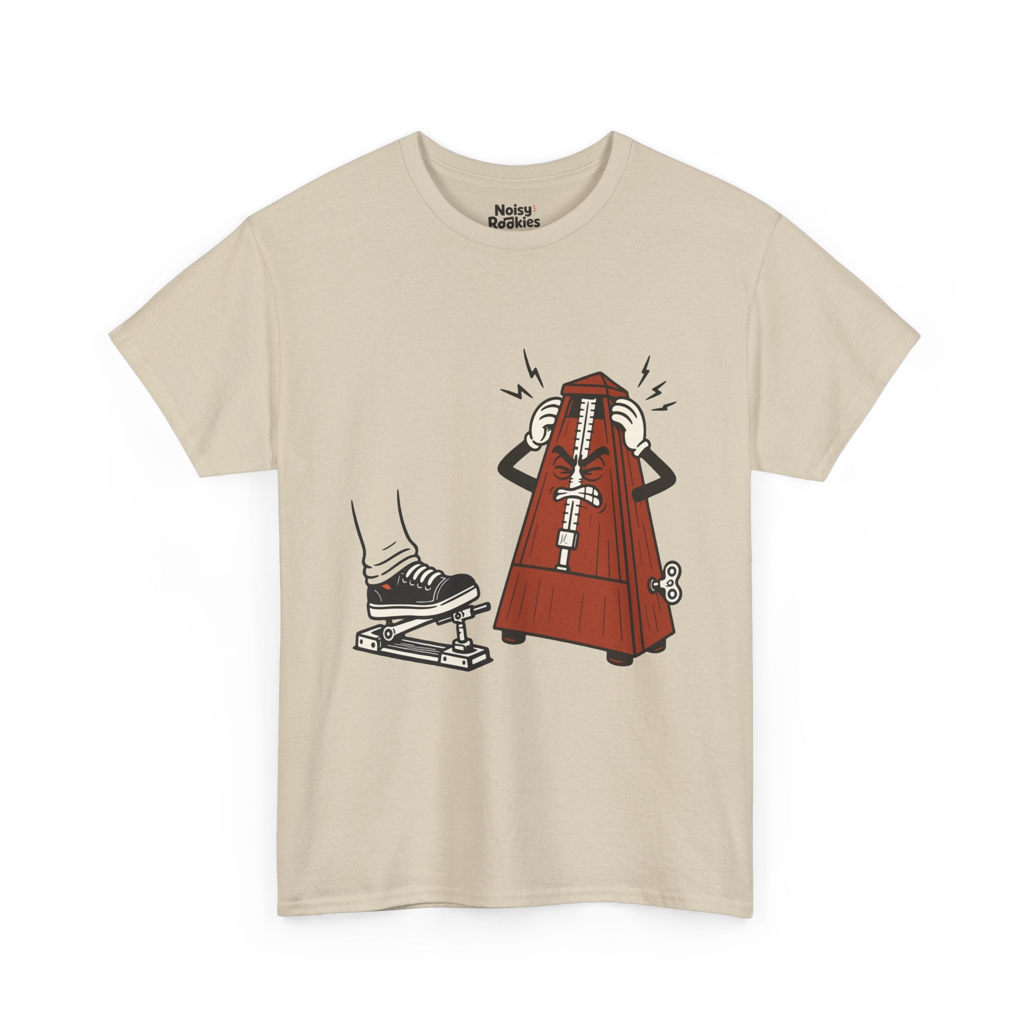 Cartoon illustration of a rust red wooden wind-up metronome character with an angry, gritted-teeth face, gripping the sides of its own head with both gloved hands while jagged anger bolts radiate around it, glaring at a motionless black sneaker resting on a hi-hat pedal. Dark ink line work, no text on the design.