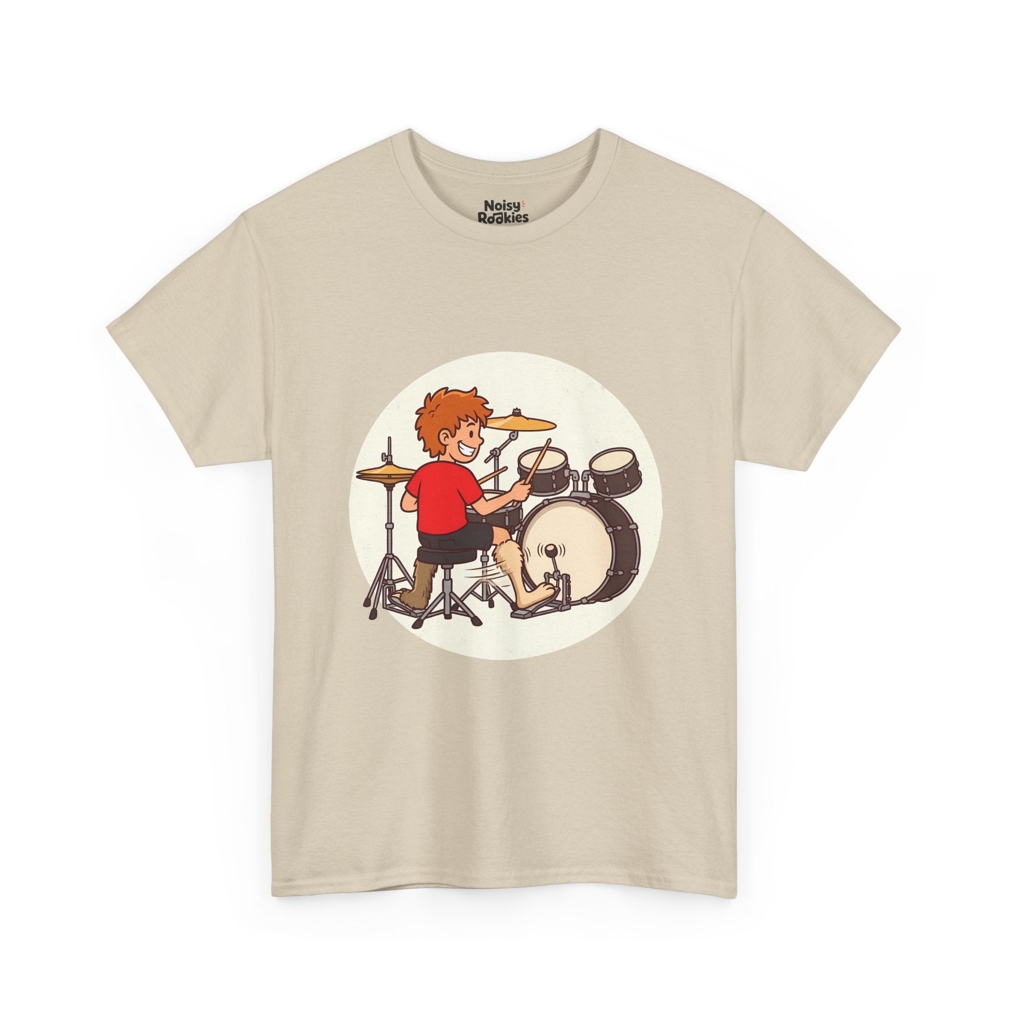 Cartoon of a grinning beginner drummer at a kit, seen from behind, with two mismatched furry animal legs, one fast rabbit foot on the bass pedal and one slow sloth foot on the hi-hat.