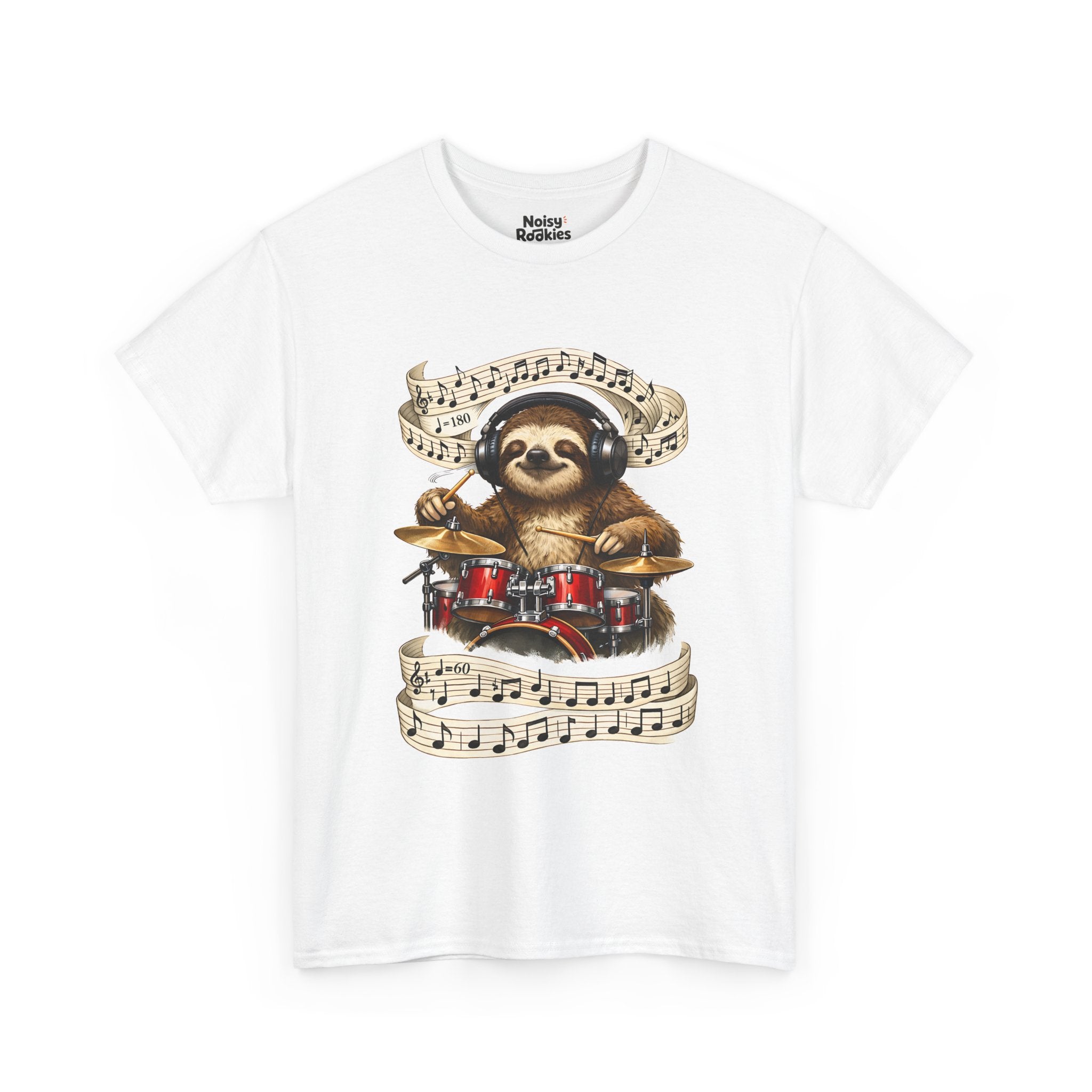 Illustration of a happy sloth wearing headphones, eyes closed and smiling, playing a bright red drum kit with drumsticks while ribbons of sheet music swirl around it, one marked 180 beats per minute and one marked 60.