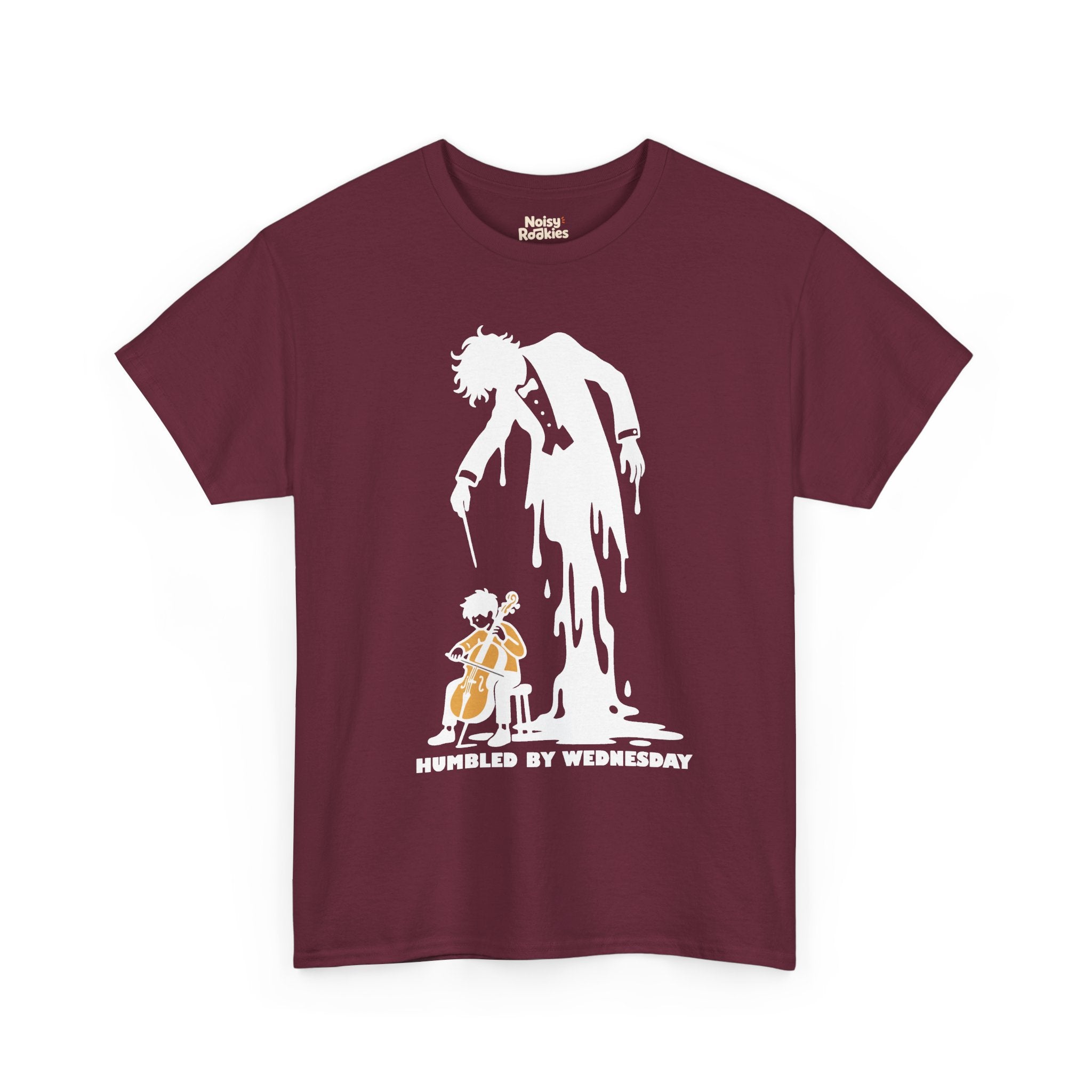 Illustration of a small beginner seated on a stool playing a cello, while a huge tuxedoed maestro silhouette with wild hair and a drooping baton melts and pours down into a puddle behind them, above the words HUMBLED BY WEDNESDAY, printed in white ink.
