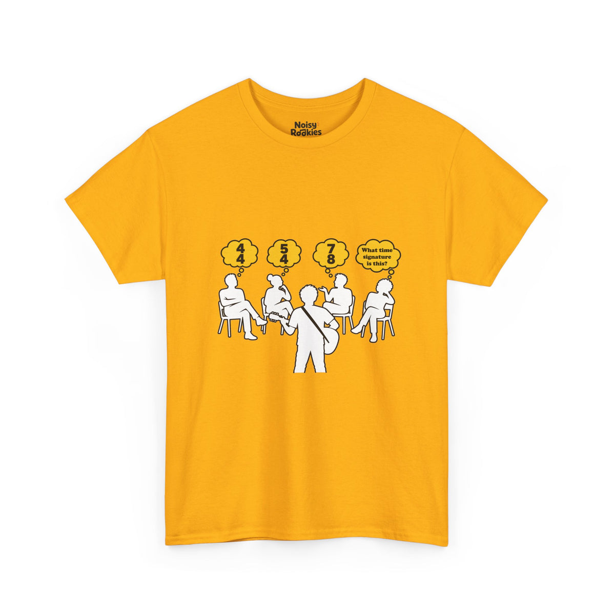Cartoon of a guitarist seen from behind playing to four seated listeners, each with a yellow thought bubble reading 4/4, 5/4, 7/8, and a last one asking What time signature is this?