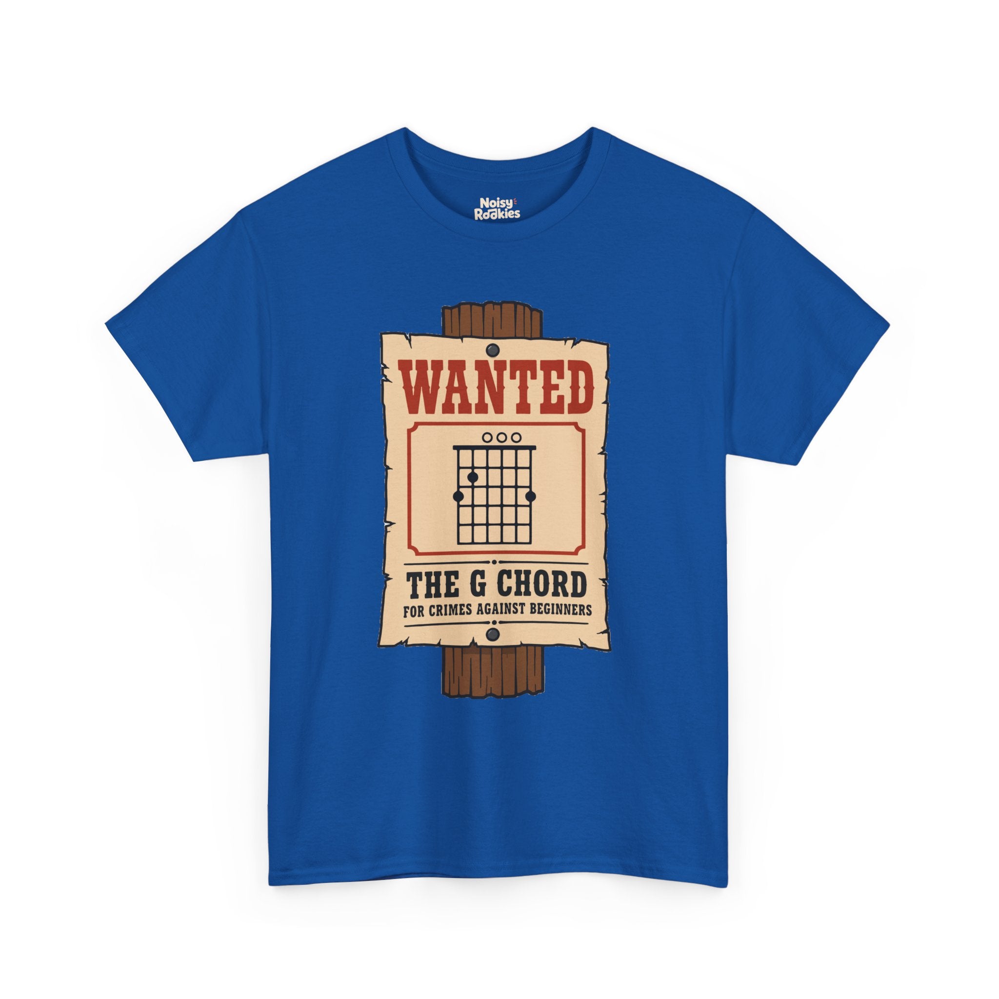 Vintage western wanted poster nailed to a wooden post, with a G major open guitar chord diagram as the mugshot and the words Wanted, The G Chord, For Crimes Against Beginners.